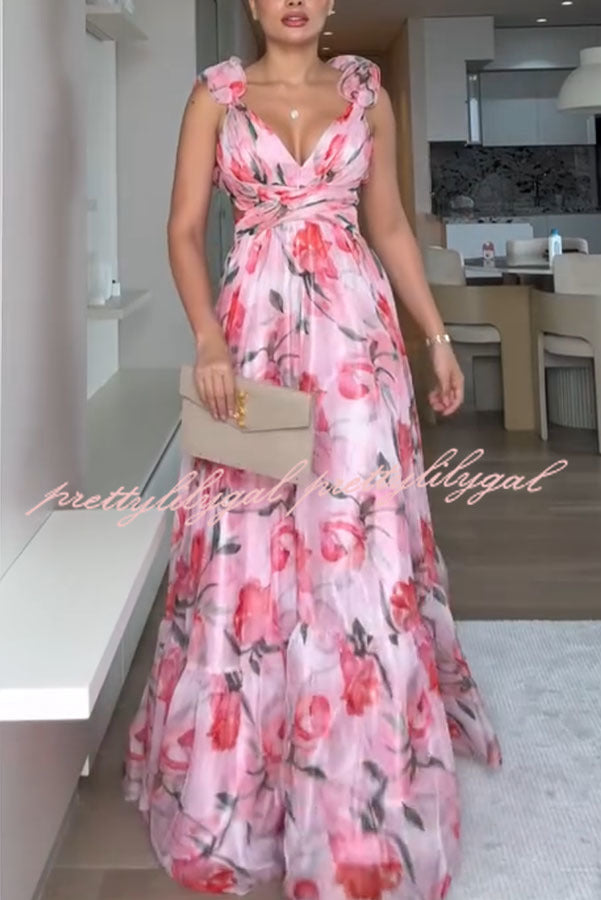 Whimsy Grace Tulle Floral Ruffle Detail Back Lace Up Pleated Maxi Dress - Elegant Wedding Guest & Special Occasion Formal Gown for Women