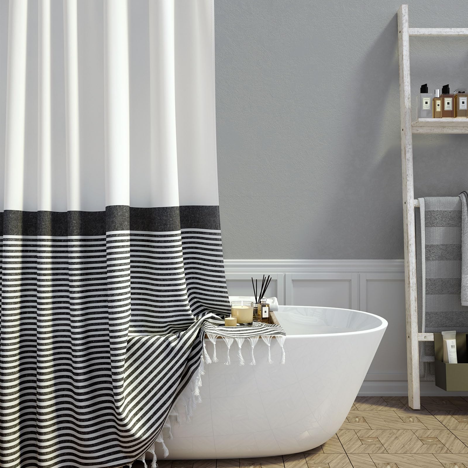 Modern Farmhouse Fabric Shower Curtain - Boho Black & White Striped Bathroom Decor with Tassels, Luxury Hotel Style Shower Curtain Set Includes 12 Hooks (72x72 Inches) for Spa-Like Bathroom Retreat