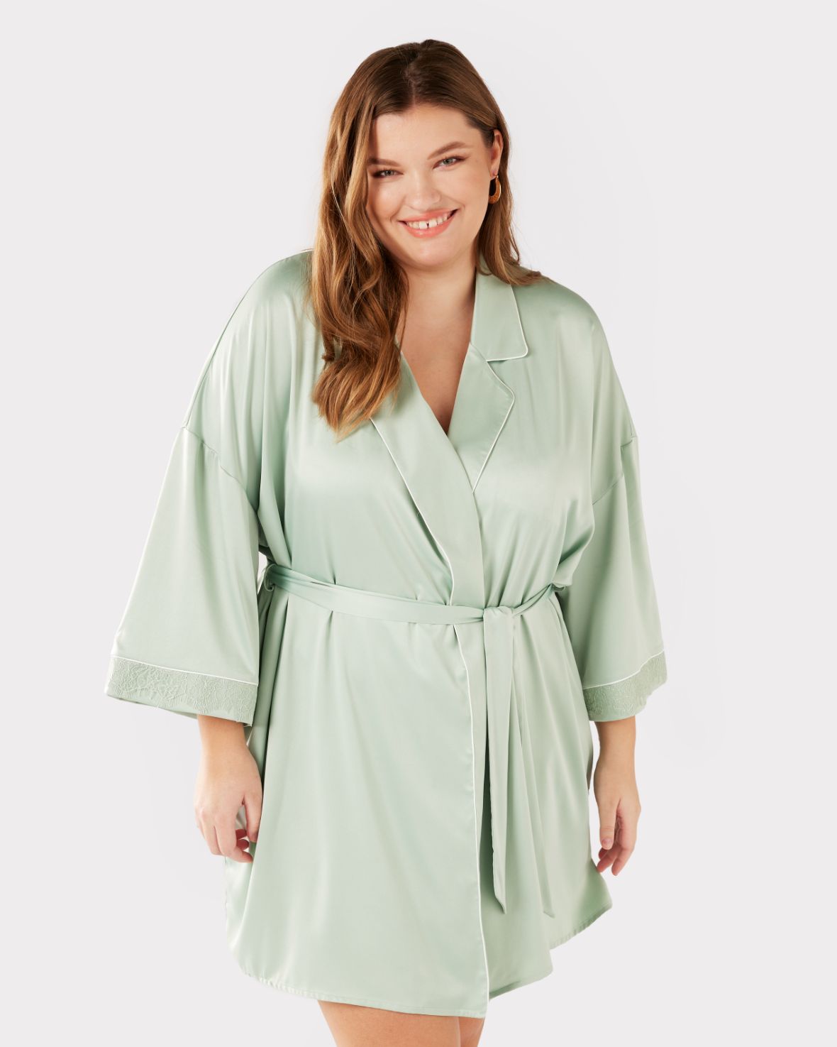 Luxury Satin Lace Trim Robe Dressing Gown for Women - Soft Kimono Bathrobe with Elegant Lace Details - Sage Green - Perfect for Spa, Bridal Shower & Relaxation at Home