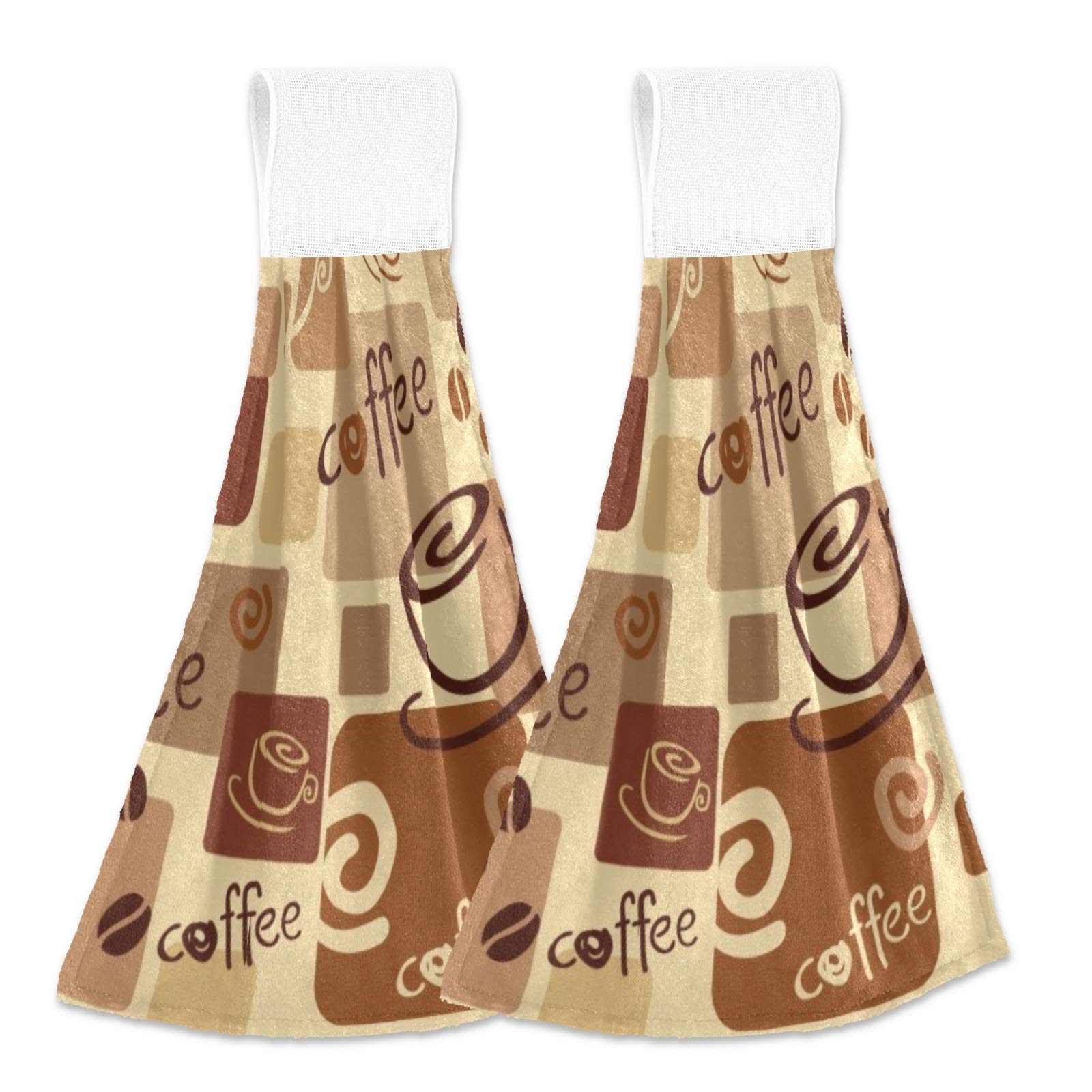 Premium Absorbent Hanging Kitchen Towels Set of 2 - Coffee Beans & Cups Design for Bathroom, Laundry & Kitchen - 12x17 Inches Soft Hand Towels with Ties - Perfect for Drying Dishes, Cleaning Countertops & Decorating Your Home