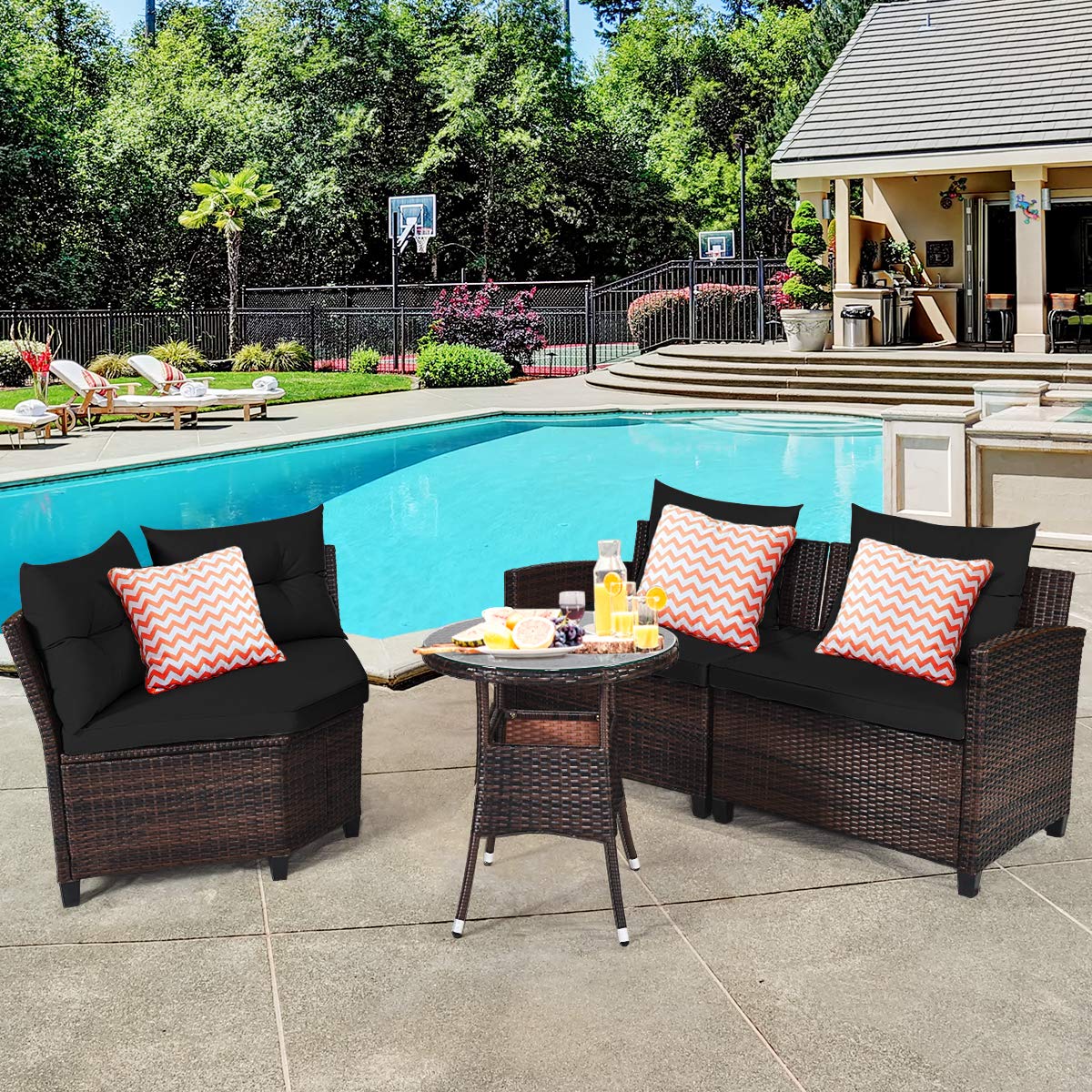 Tangkula 4-Piece Outdoor Patio Furniture Set - Modern C-Shape Wicker Sectional Sofa with Cushions & Glass Coffee Table, Rattan Conversation Set for Garden, Poolside, Balcony, Deck (Black) - Perfect for Relaxing, Entertaining & Outdoor Lounging