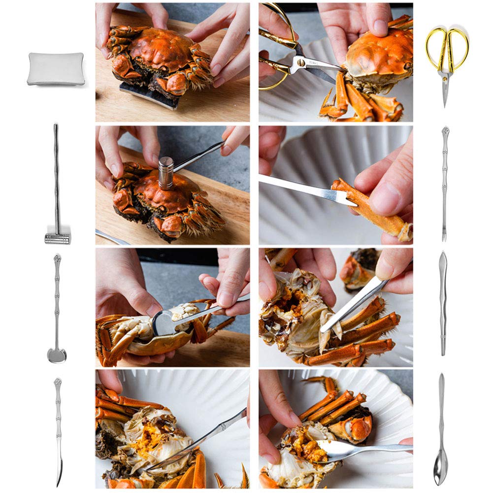 Premium 8-Piece Stainless Steel Crab Crackers & Seafood Tool Set - Crab Forks, Scissors, Claw Tools with Golden Dragon Design for Home, Travel & Outdoor Dining