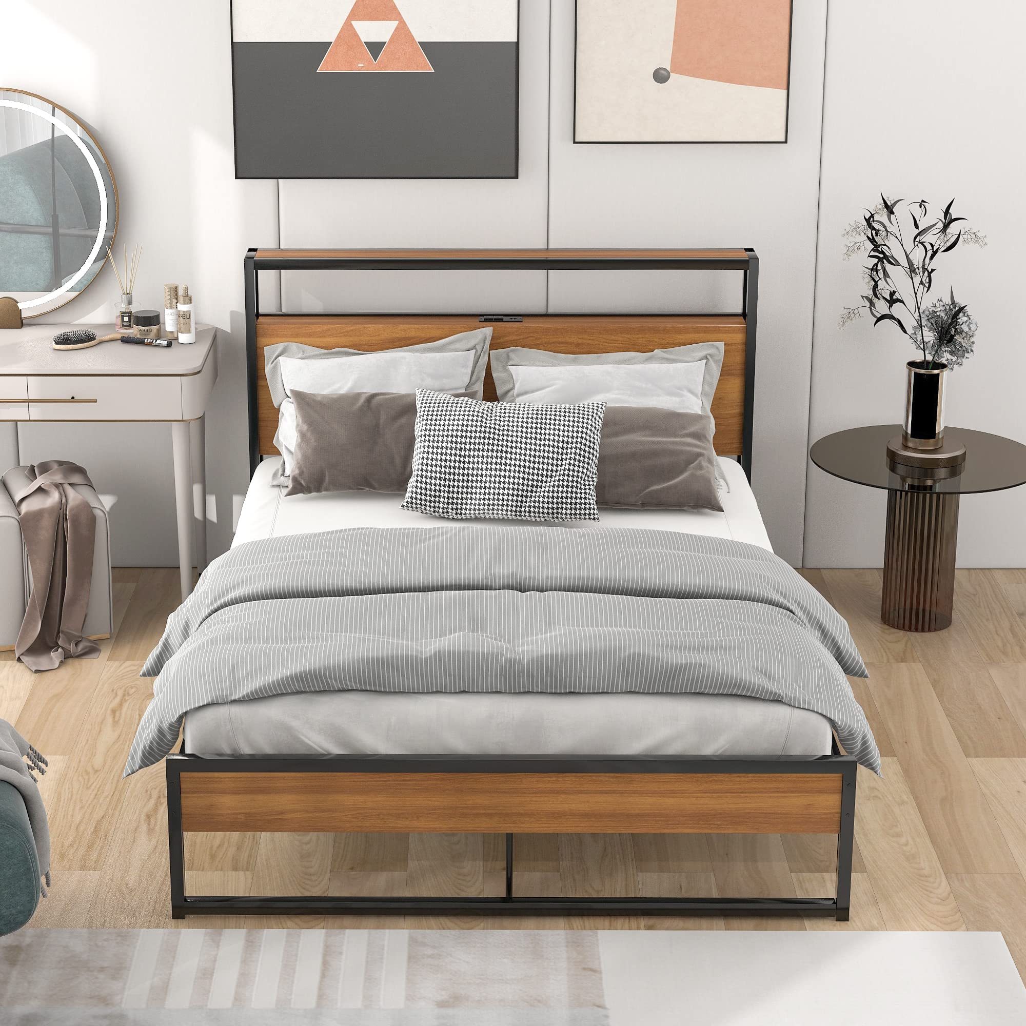 Full Size Metal Bed Frame with Headboard - Black Steel Platform Bed with USB Ports & Outlets, Heavy Duty 440 lbs, No Box Spring Needed - Perfect for Bedrooms, Guest Rooms & Dormitories