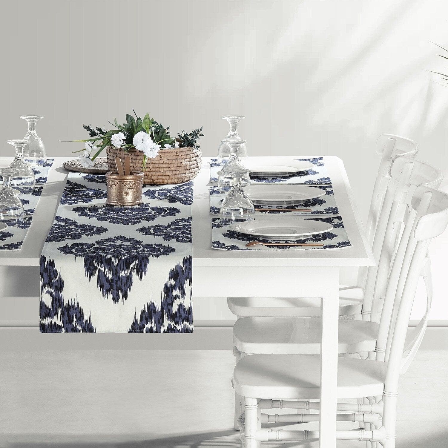 Blue Ikat Damask Printed Cotton Table Runner and Placemats Set - Elegant Dining Table Decor for Weddings, Parties, and Home Decor