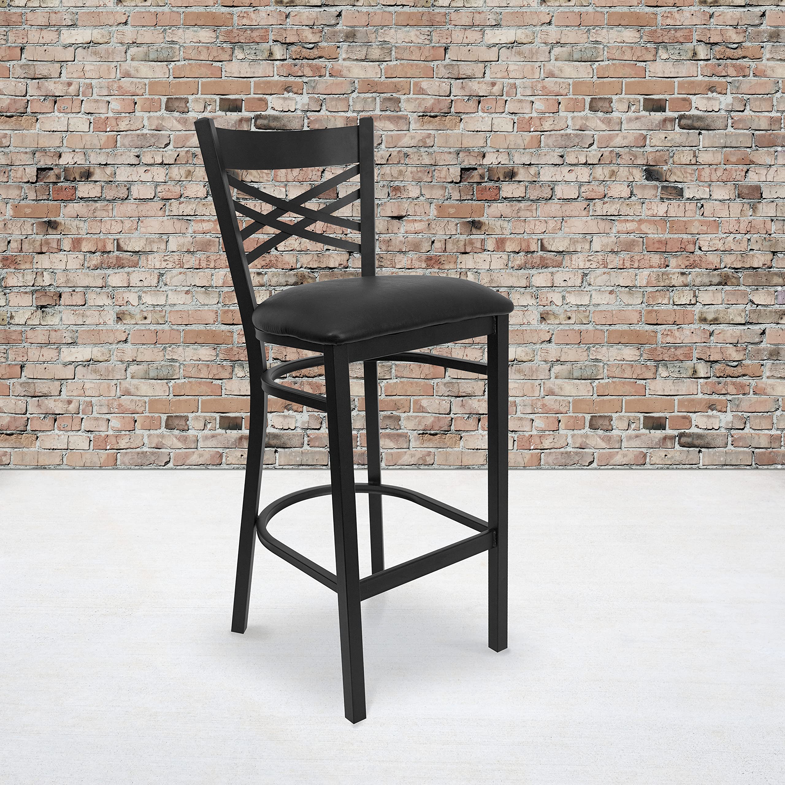 Emma & Oliver Black Metal X Back Bar Stool with Vinyl Seat - Modern Kitchen & Bar Counter Stool for Home, Restaurant, and Cafe Use