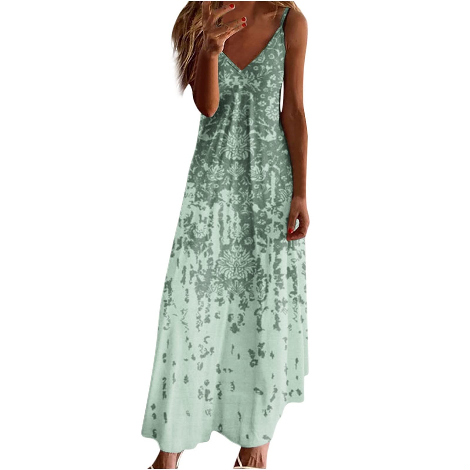 Women's Maxi Dresses 2024 - Casual Spaghetti Strap V-Neck Long Summer Dress for Beach, Vacation & Outdoor Activities | Trendy Flowy Sun Dress for Pool Parties, Date Nights & Tropical Getaways