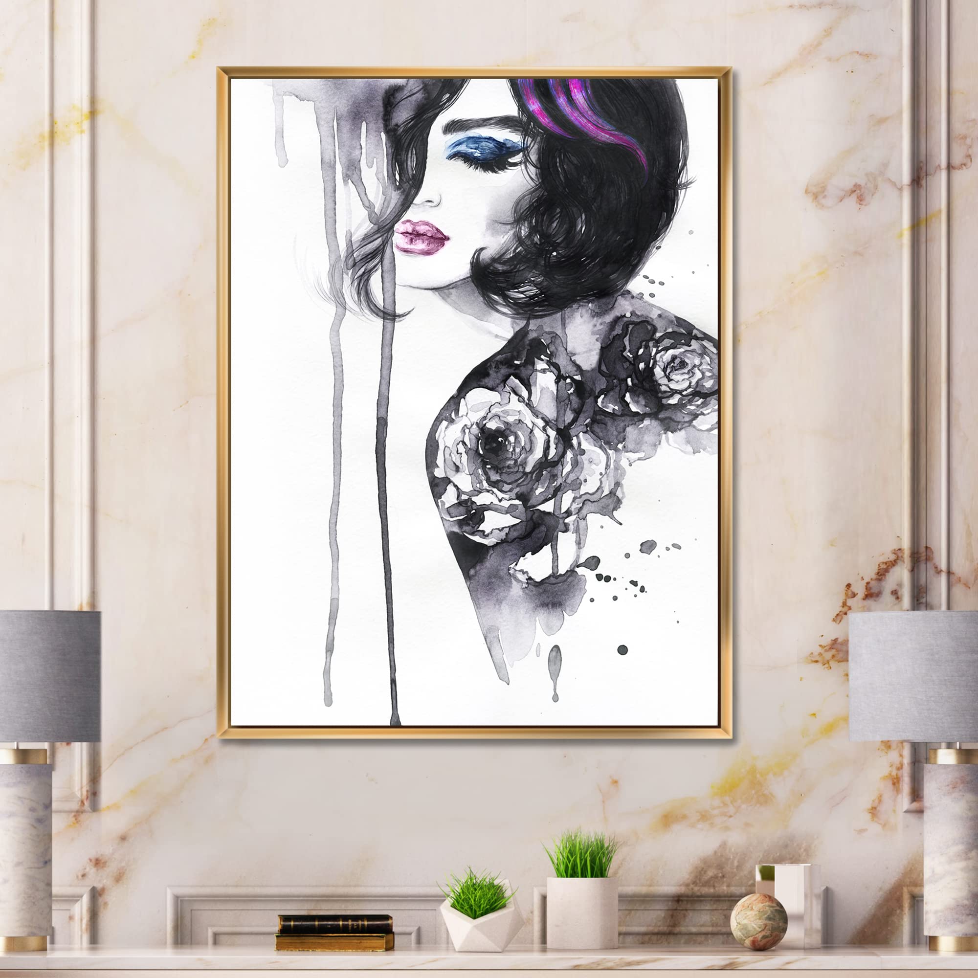 DesignQ Modern Female Portrait Framed Canvas Wall Art Print - Elegant Home Decor for Living Room, Bedroom & Office