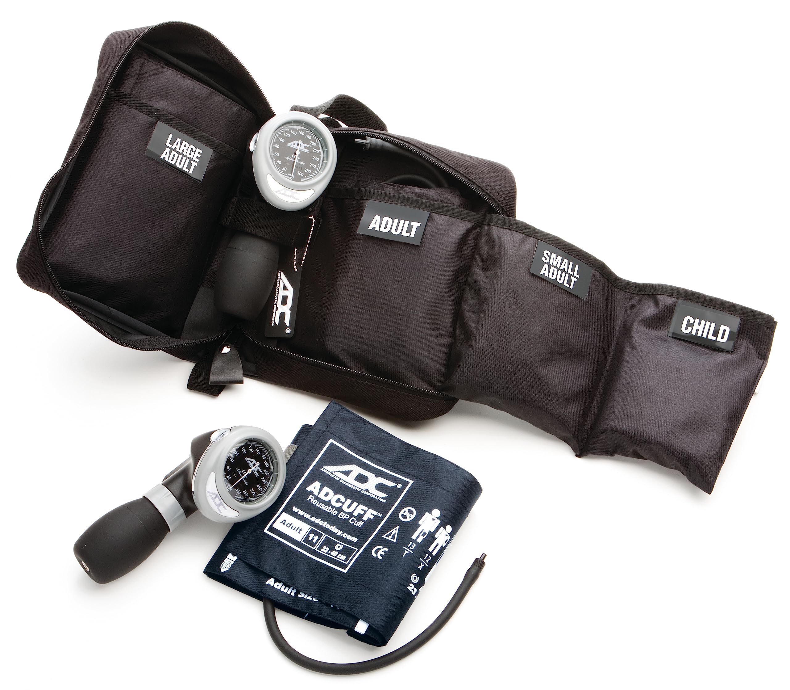 ADC - 732DB Multikuf 732 4-Cuff EMT Blood Pressure Kit with 804 Portable Palm Aneroid Sphygmomanometer | Child, Small Adult, Adult & Large Adult Cuffs (13-50cm) | Black Nylon Zipper Case | Navy | Ideal for EMTs, Home Health & Clinical Use