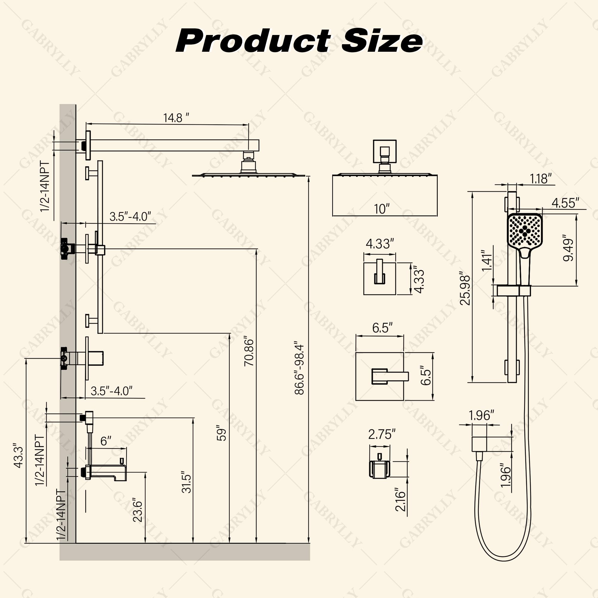 Gabrylly 10-Inch Rain Shower Head with Handheld Spray Combo, Brushed Gold Bathtub Shower Faucet Set with Slide Bar & Valve - Perfect for Modern Bathroom Renovations & Spa-Like Shower Experience