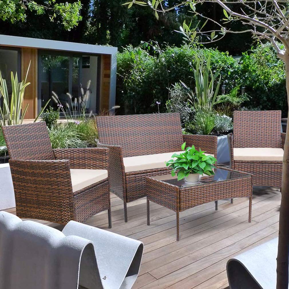 4-Piece Patio Furniture Set - Outdoor Wicker Sofa & Rattan Chair Conversation Set with Coffee Table - Brown Bistro Set for Poolside, Backyard, Lawn & Garden Relaxation