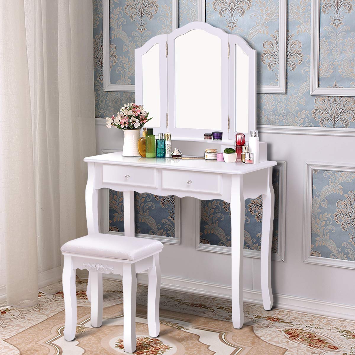 Casart White Tri-Folding Mirror Bathroom Vanity Makeup Table with Stool & 4 Drawers - Perfect for Dressing Room, Bedroom or Bathroom Organization