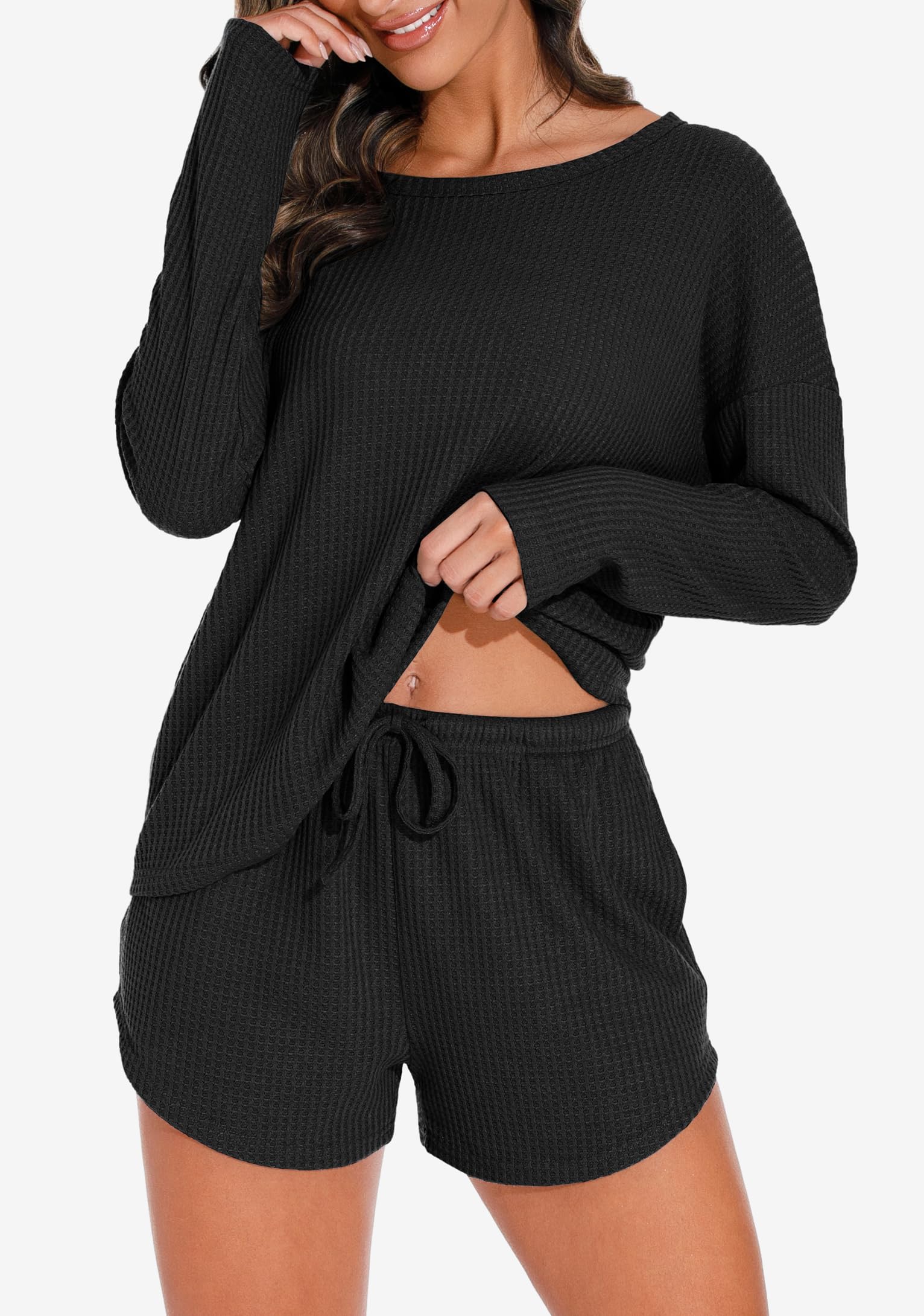 PrinStory Women's Waffle Knit Pajama Set - 2 Piece Lounge Outfit with Pockets | Soft & Comfortable Sleepwear for Nighttime & Relaxing at Home