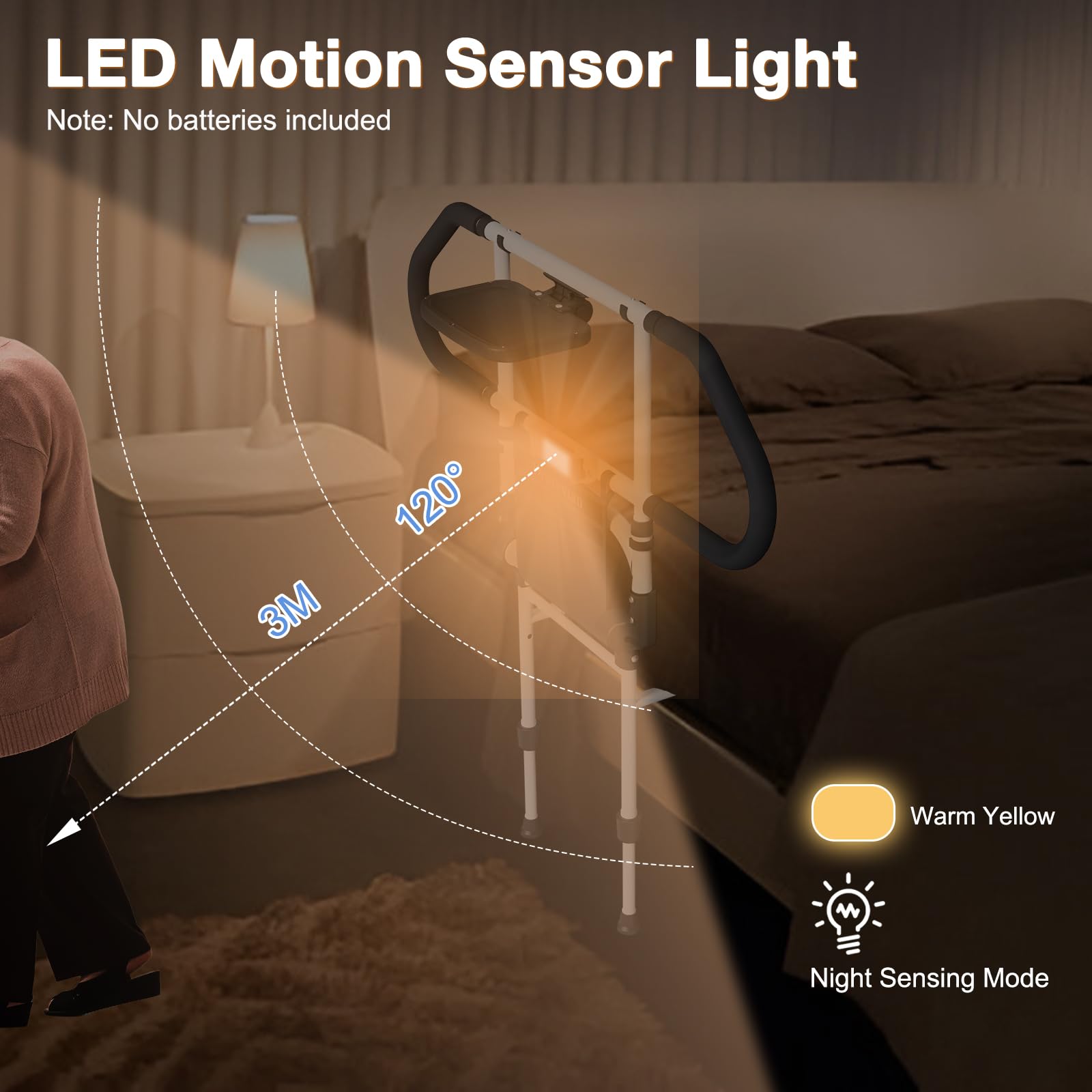 Foldable Bed Rails for Elderly with Sensor Light & Pocket - Safe Adjustable Bed Assist for Seniors - Home Care Use