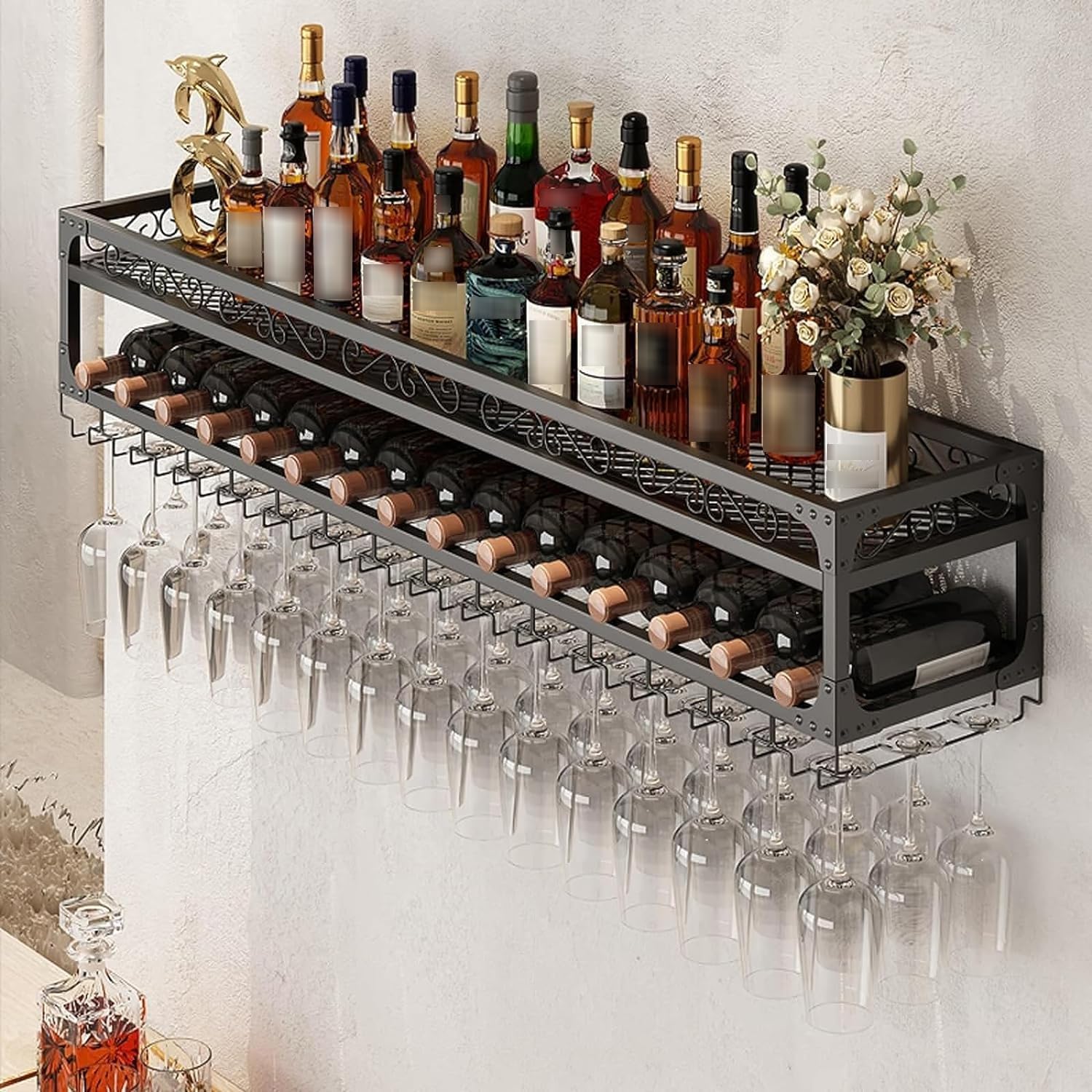 Wall Mounted Wine Rack with Glass Holder - Sturdy Metal Wine Bottle Shelf & Storage Display for Home Bar, Dining Room, Kitchen (Black, 150cm/59in) - Perfect for Entertaining Guests & Organizing Wine Collections