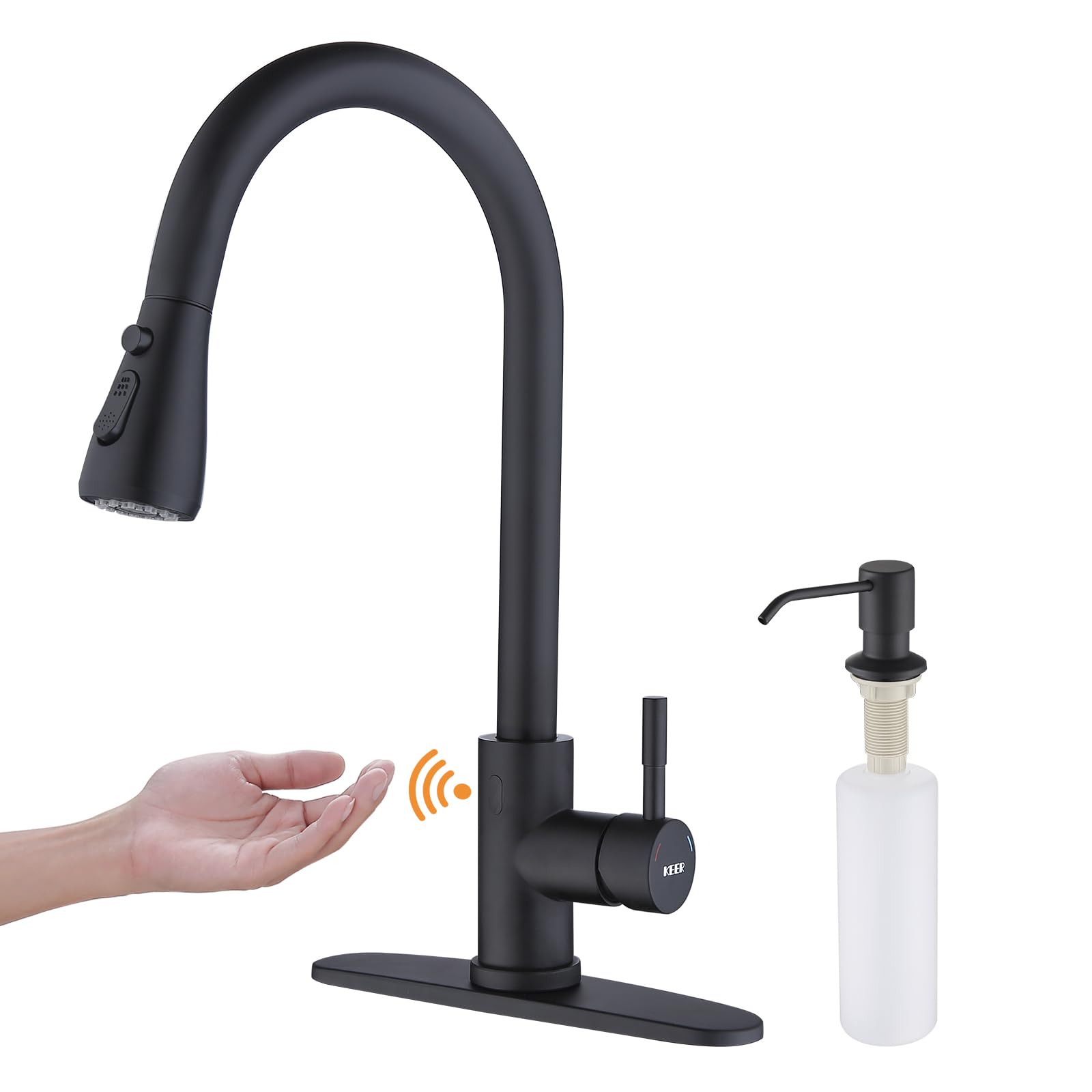 Touchless Kitchen Faucet with Motion Sensor & Pull Down Sprayer - Matte Black Single Handle High Arc Faucet with Built-in Soap Dispenser for Kitchen Sink, RV, and Modern Homes | Easy Cleaning & Hands-Free Operation