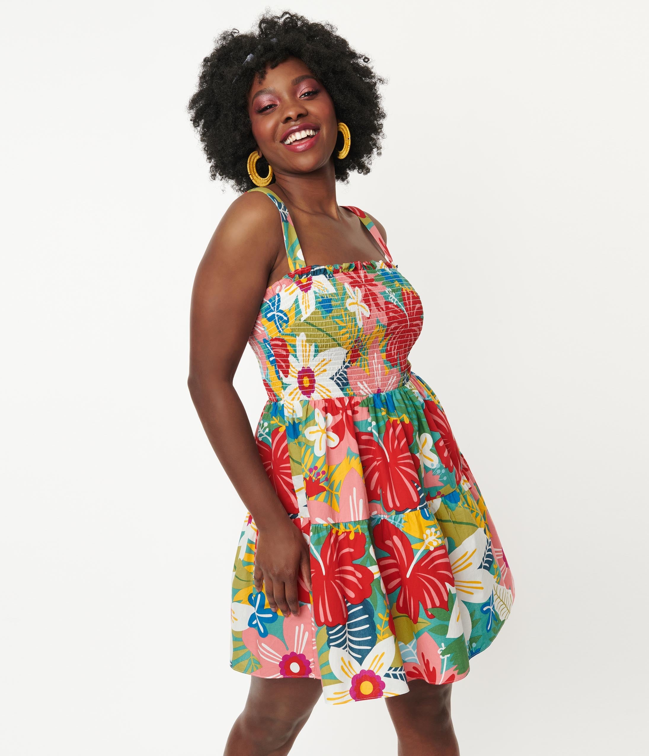 Vibrant Tropical Floral Print Smocked Waist Flare Dress for Women - Perfect for Beach Vacations, Summer Parties & Boho Fashion