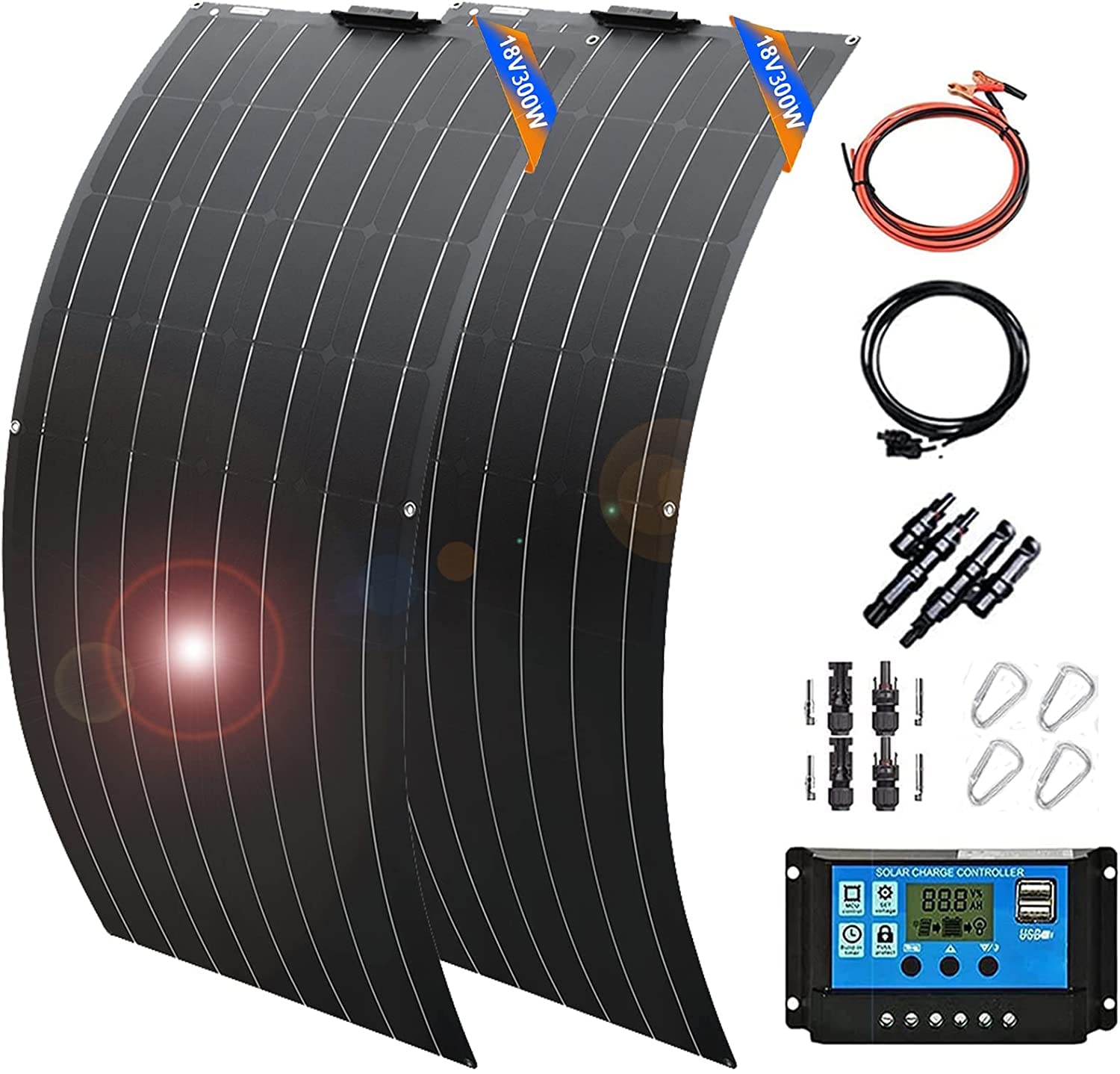 600W 18V Monocrystalline Solar Starter Kit - 2x 300W ETFE PET Flexible Solar Panels with PV Monocrystalline Cell Battery Charger System | Perfect for RV, Boat, Off-Grid Cabins & Emergency Power Backup