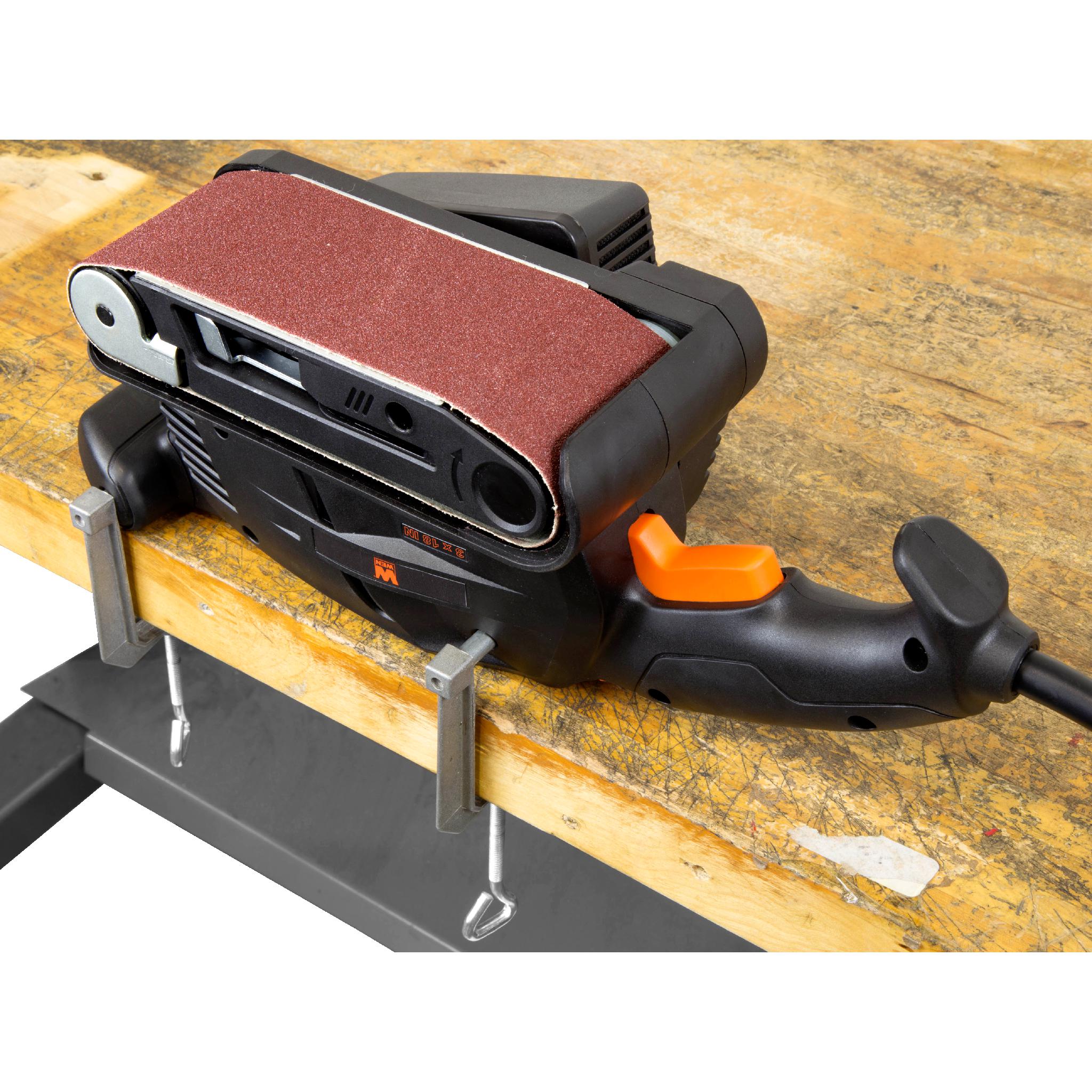 WEN HB3185 5 Amp 3x18 Inch Variable Speed Belt Sander - Handheld & Benchtop Dual Use for Woodworking, Metal Sanding & DIY Projects