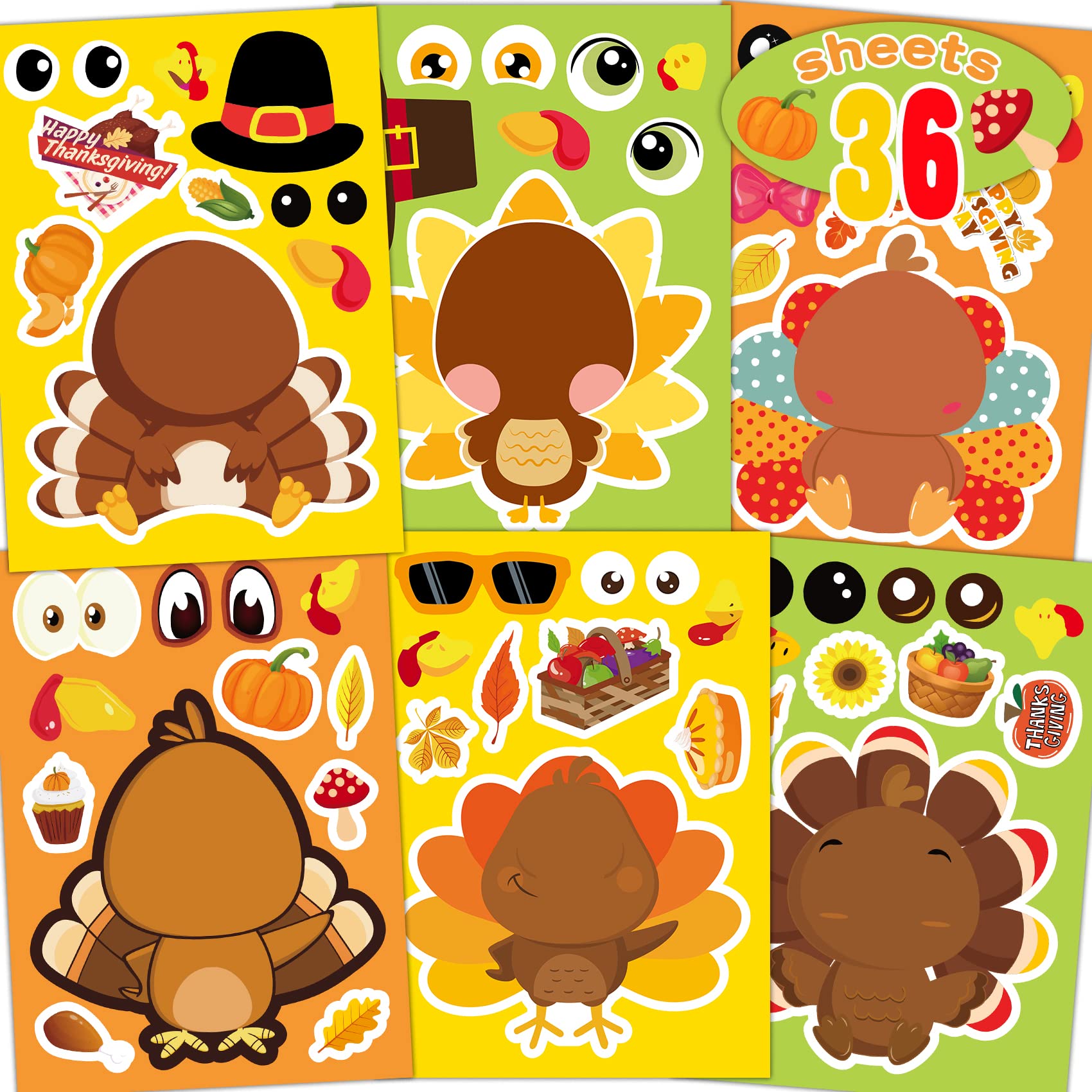 Funnlot Thanksgiving Stickers for Kids - 36 Sheets Turkey Stickers, Thanksgiving Party Games & Arts and Crafts Supplies | Perfect for Classroom Activities, Holiday Decorations & Family Fun