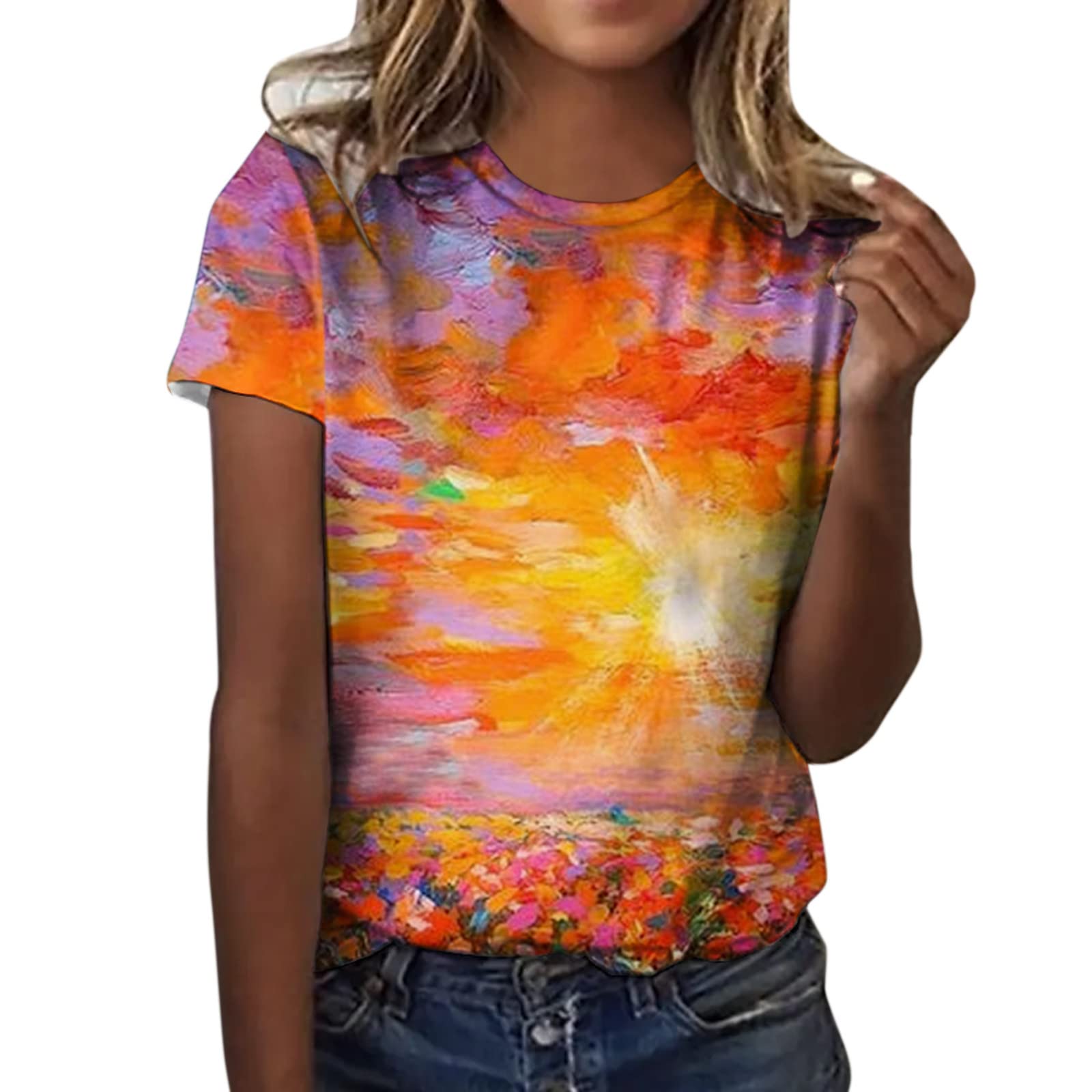 Women's Loose Fit Casual T-Shirt - Short Sleeve Printed Blouse with Hollow Design, Soft & Elegant Top (Yellow, Size S) | Perfect for Summer Outfits, Beach Wear, and Daily Fashion