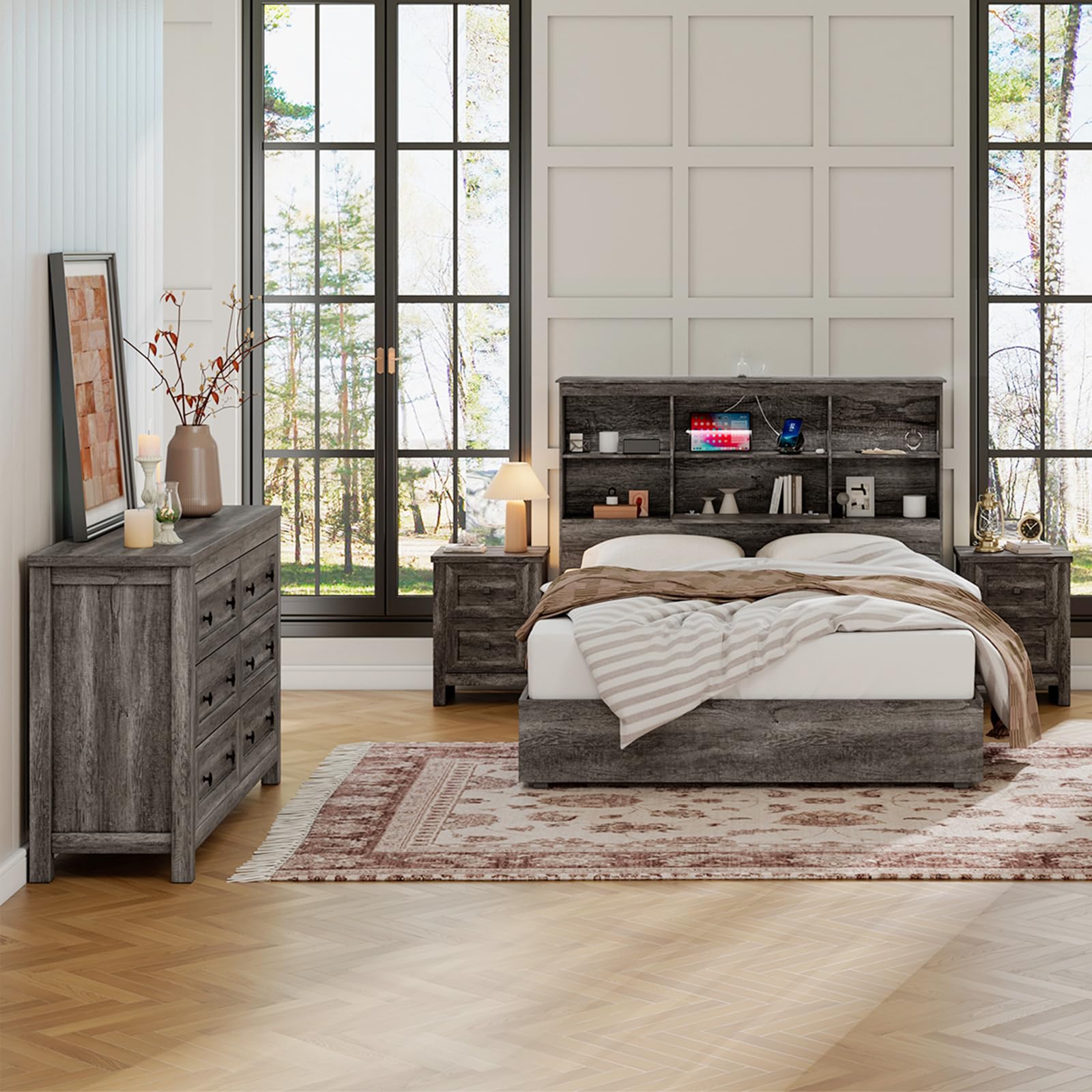 Rustic Grey 3-Piece Bedroom Furniture Set - 6-Drawer Dresser & 2 Nightstands with Charging Station | Farmhouse Style Wood Storage Dresser & Bedside Tables | Perfect for Master Bedroom, Guest Room, or Apartment Decor
