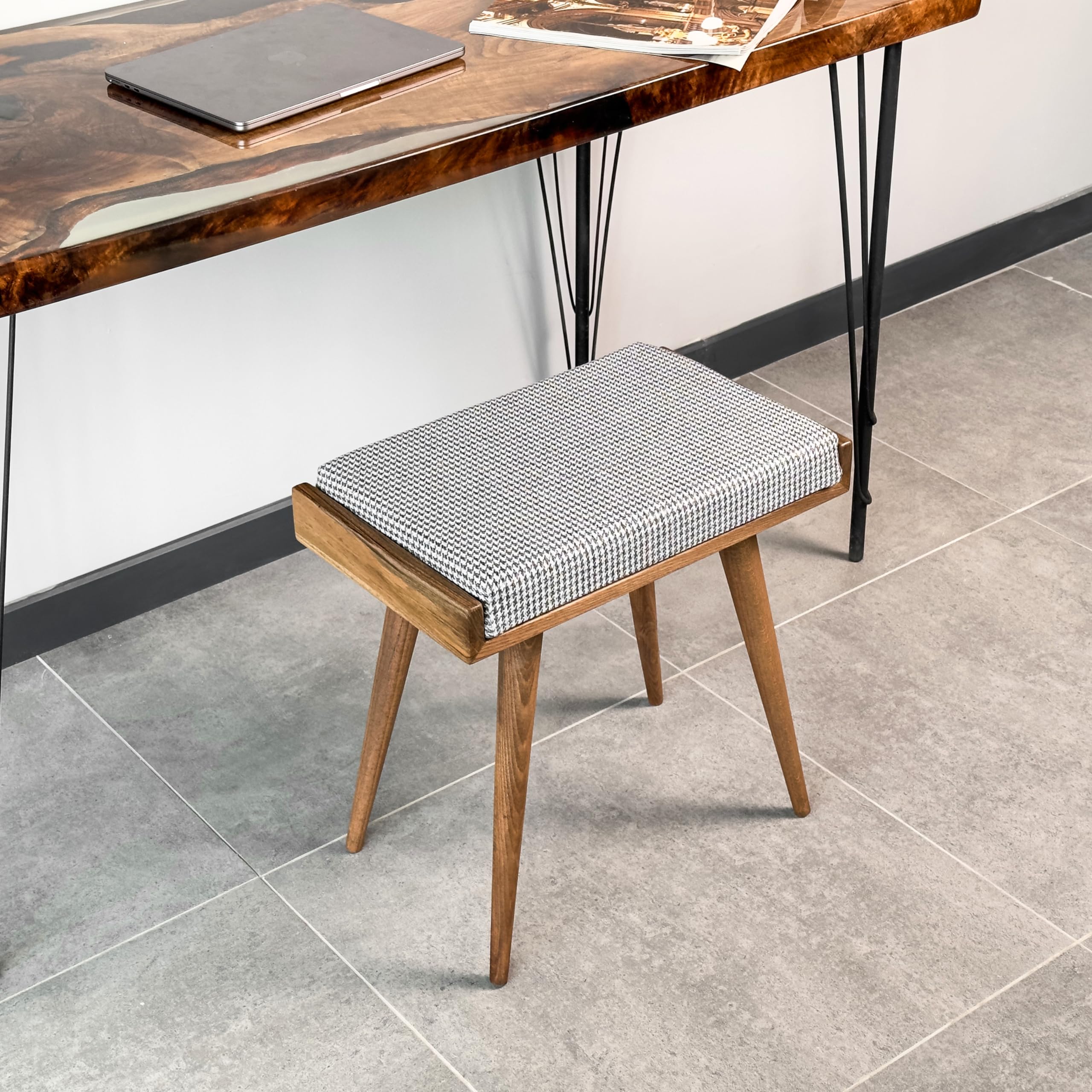Walnut Ottoman Stool for Living Room - Upholstered Crowbar Pattern Fabric - Multi-Functional Piano Bench, Bedroom Seat & Footrest - Perfect for Home Decor, Relaxation & Extra Seating