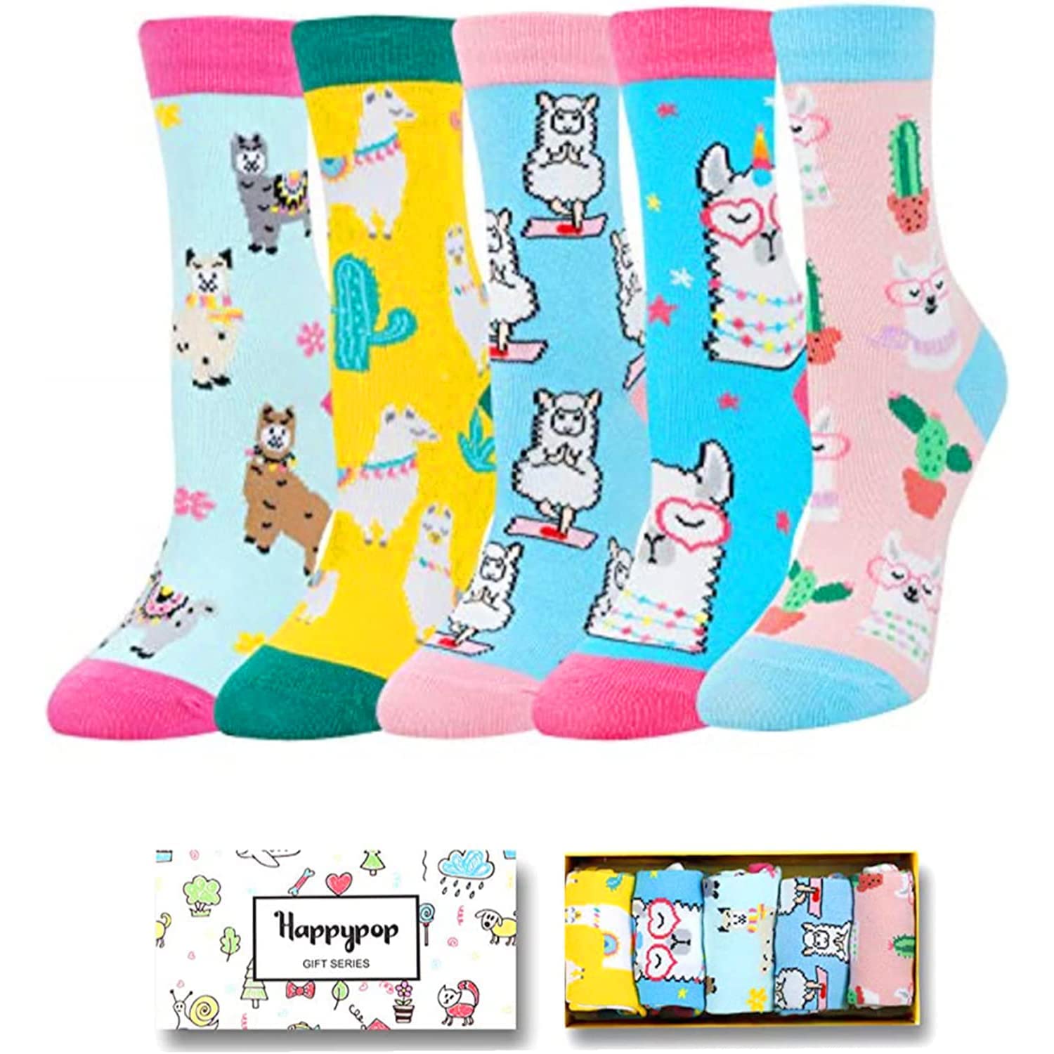 Zmart Animal Socks 5-Pack for Girls - Cute Llama, Unicorn, Corgi & Chicken Patterned Socks - Soft Cotton Kids' Socks for School, Play & Gifts