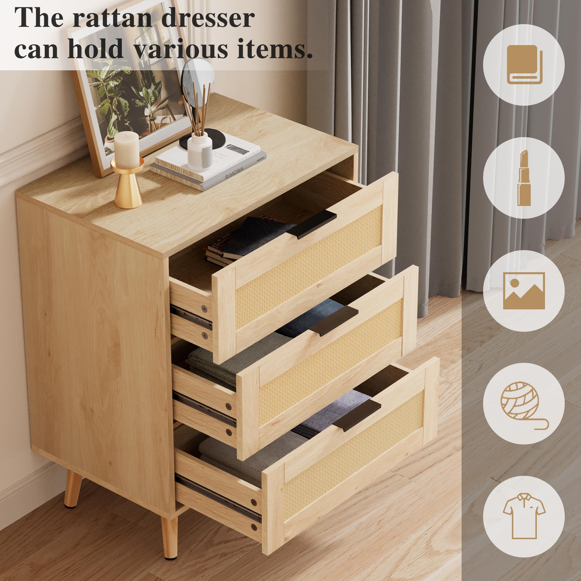 Natural Rattan Dresser Set - 3 Drawer & 9 Drawer Bedroom Storage Combo (2-Piece) | Vintage Boho Furniture for Bedroom, Living Room & Nursery Organization