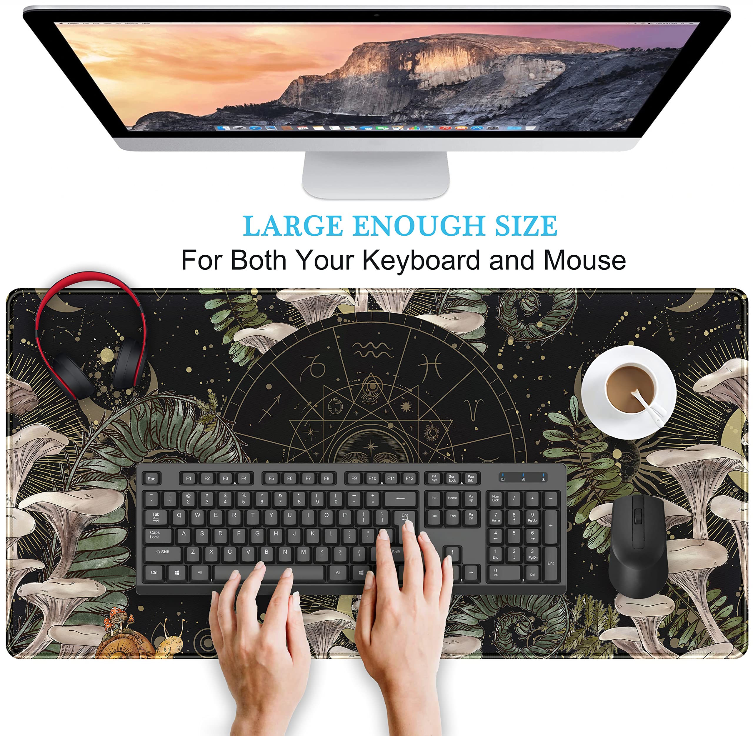 Moon Mushroom Gaming Desk Pad - Cute Dark Tarot Mouse Mat, Large XXL Extended Keyboard & Mouse Pad (31.5