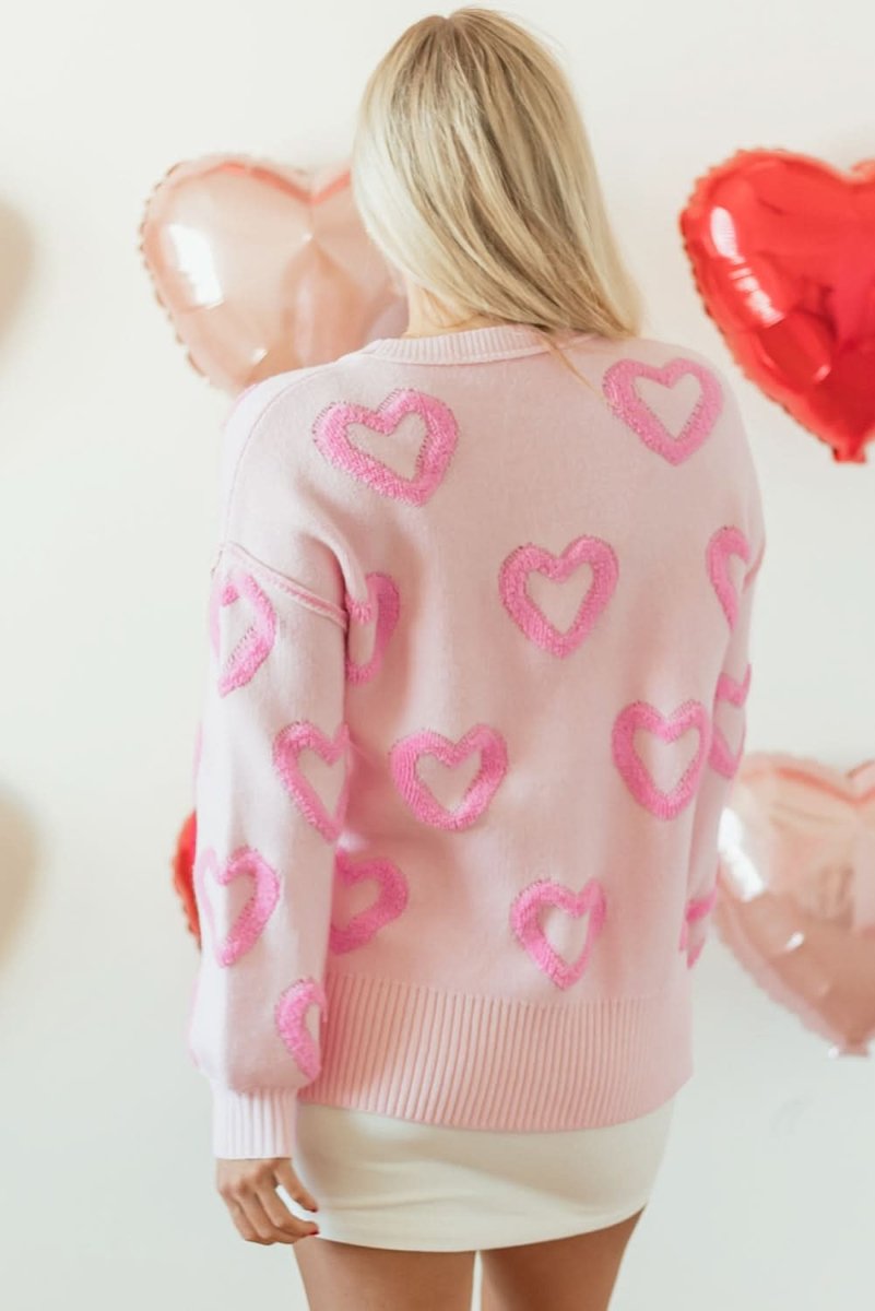Charming Pink Heart Bubble Sleeve Oversized Sweater for Women - Cute Valentine's Day Outfit, Cozy Winter Pullover for Dating & Photoshoots