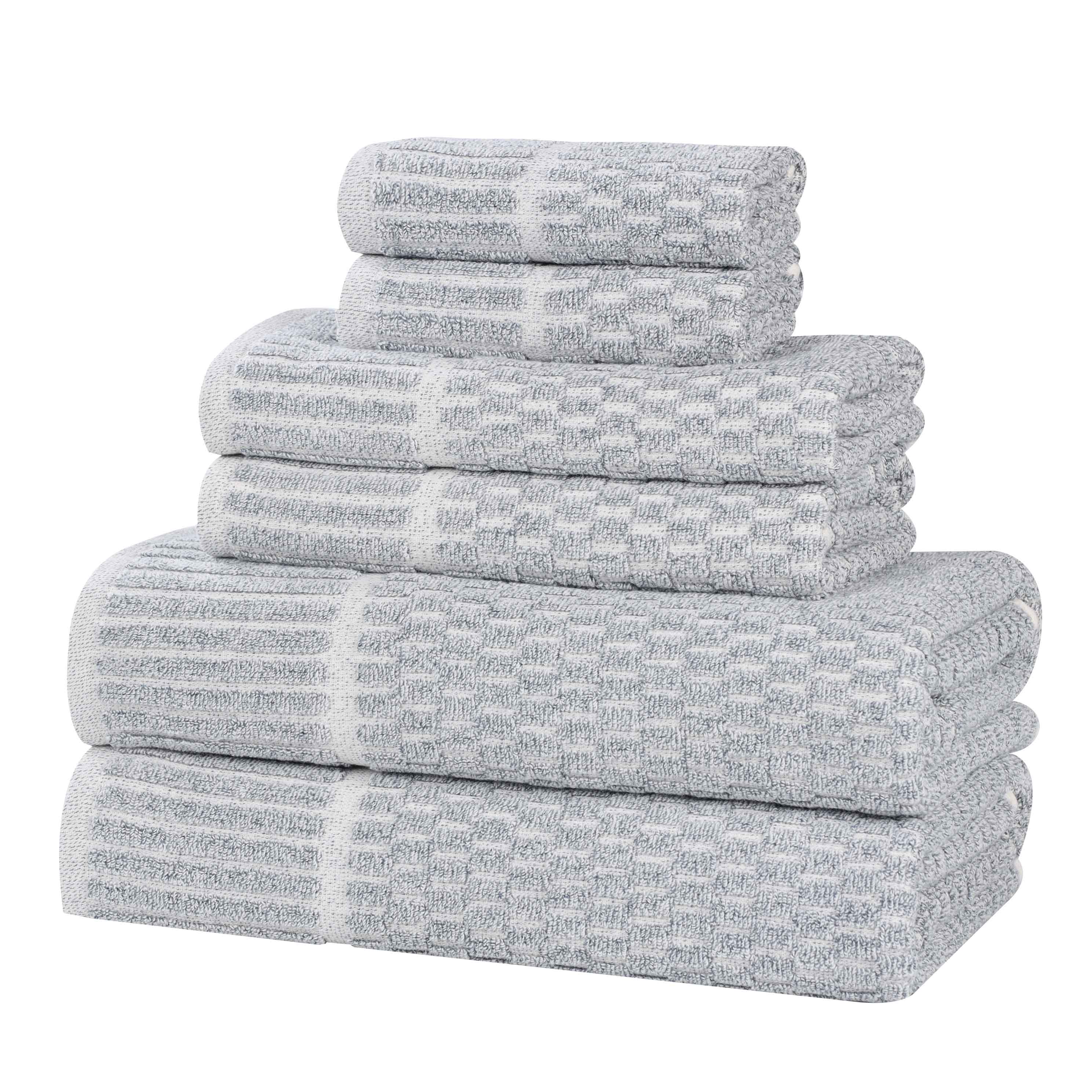Premium 6-Piece Cotton Blend Checkered Border Towel Set - Medium Weight, Soft & Absorbent - Perfect for Bathroom, Kitchen & Guest Use