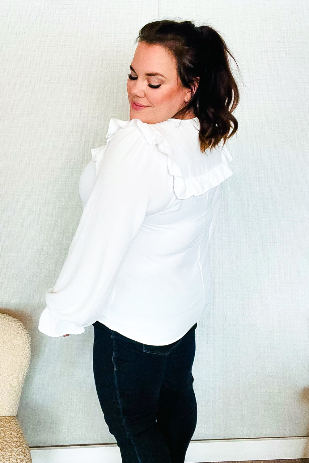 Eyes On You Ivory Ribbon Tie Bow Square Neck Ruffle Bubble Sleeve Blouse for Women - Elegant Party Top for Date Night, Wedding Guest Outfit & Office Wear