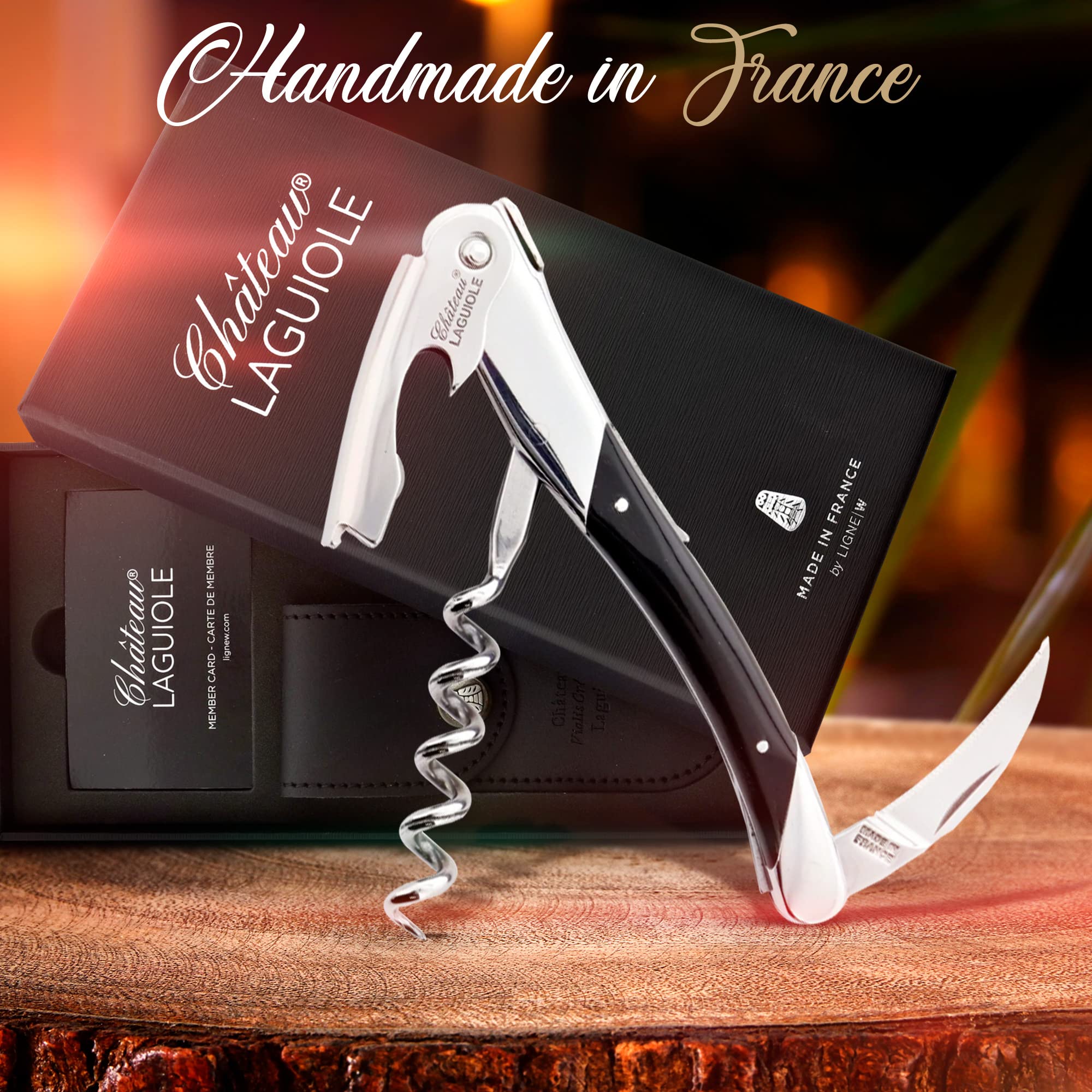 Premium Chateau Laguiole Corkscrew - French Wine Bottle Opener with Black Horn Handle, Leather Sheath & Gift Box - Perfect for Wine Lovers, Sommeliers & Elegant Dinner Parties