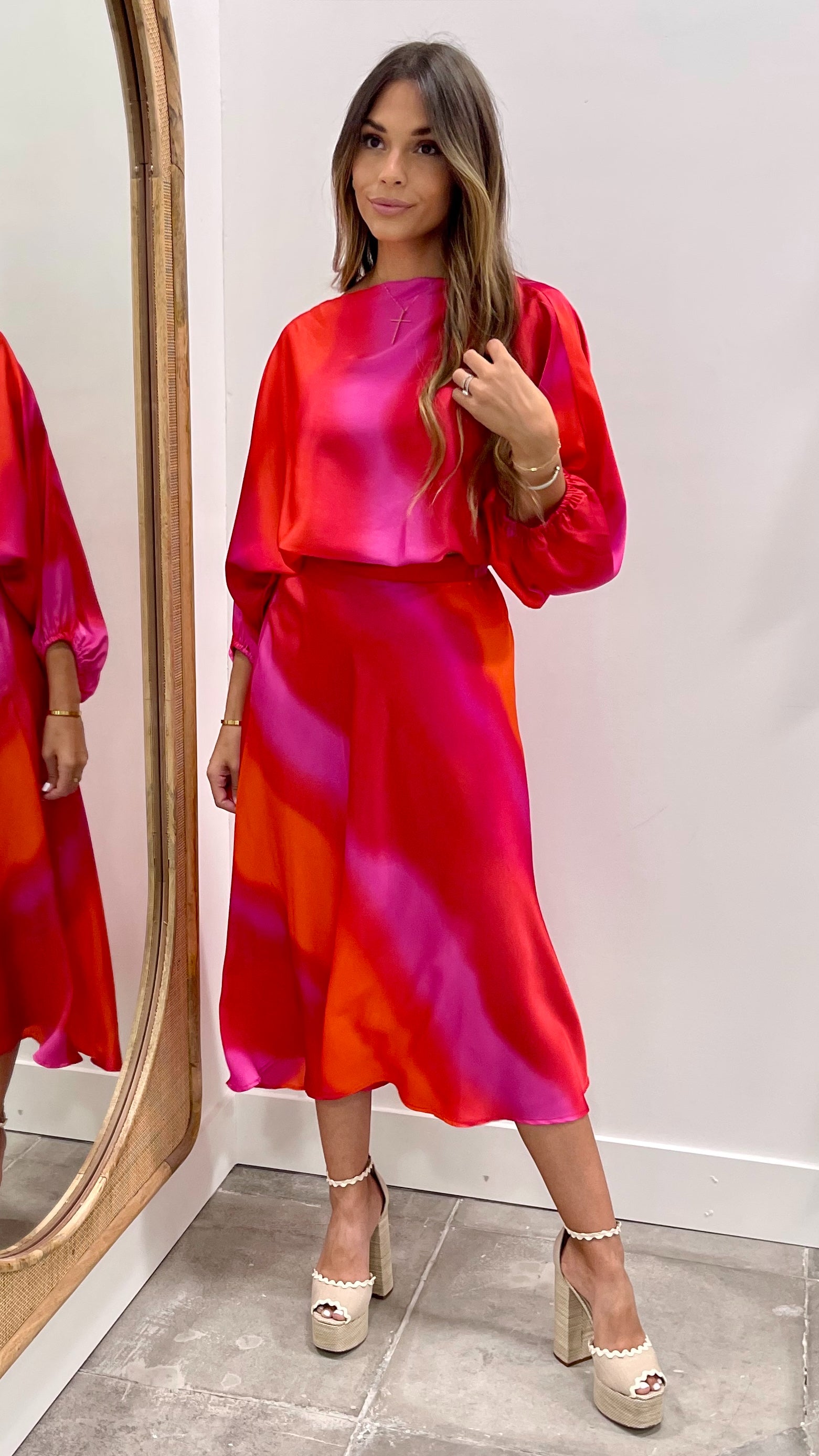 Pink Ombre Skirt for Women - Flowy A-Line Midi Skirt with High Waist | Perfect for Summer Outfits, Beach Vacations & Date Nights