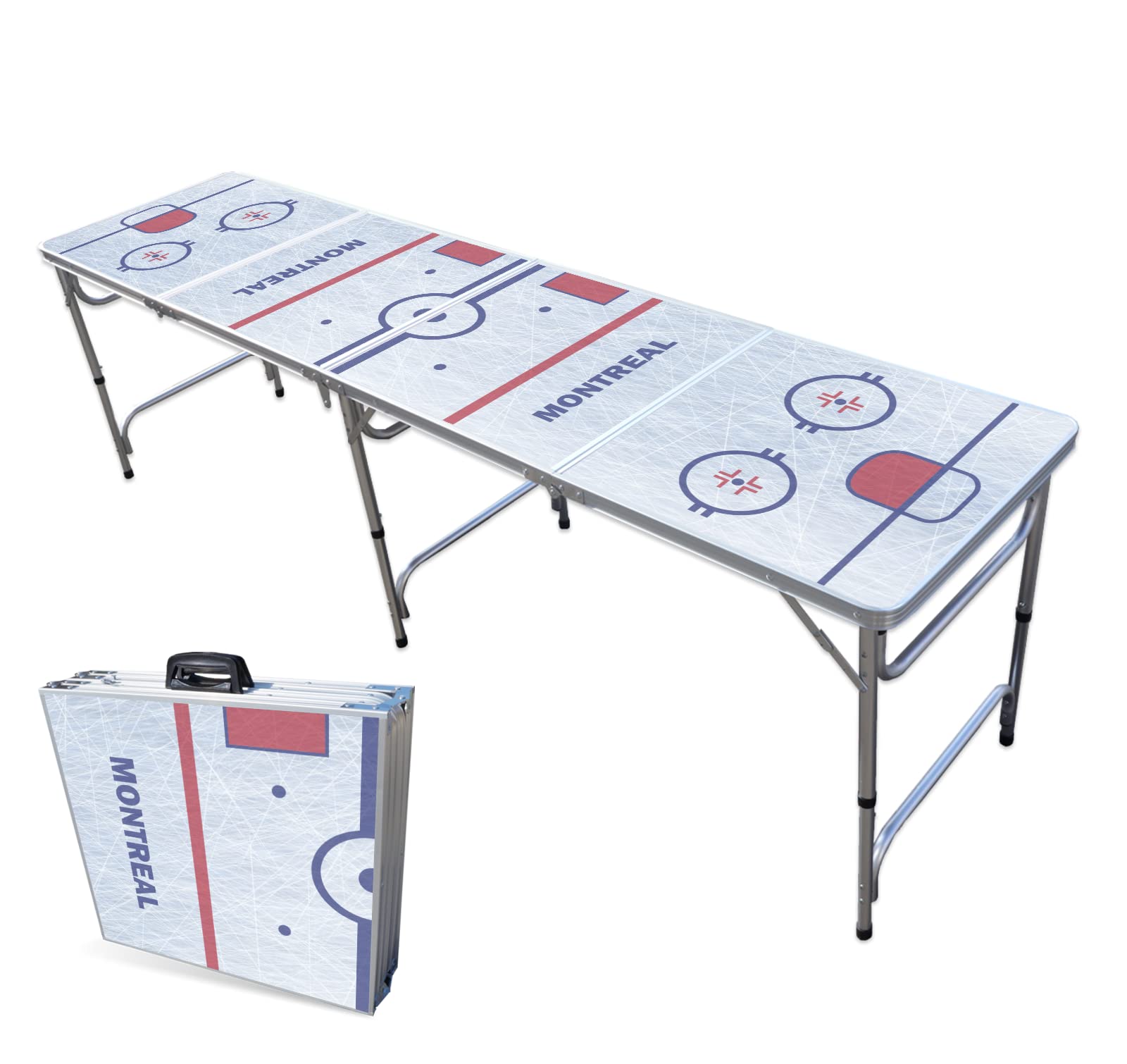 PARTYPONG 8-Foot Folding Portable Beer Pong Table with LED Lights & Optional Cup Holes - Montreal Hockey Rink Design - Perfect for College Parties, Tailgates & Game Nights