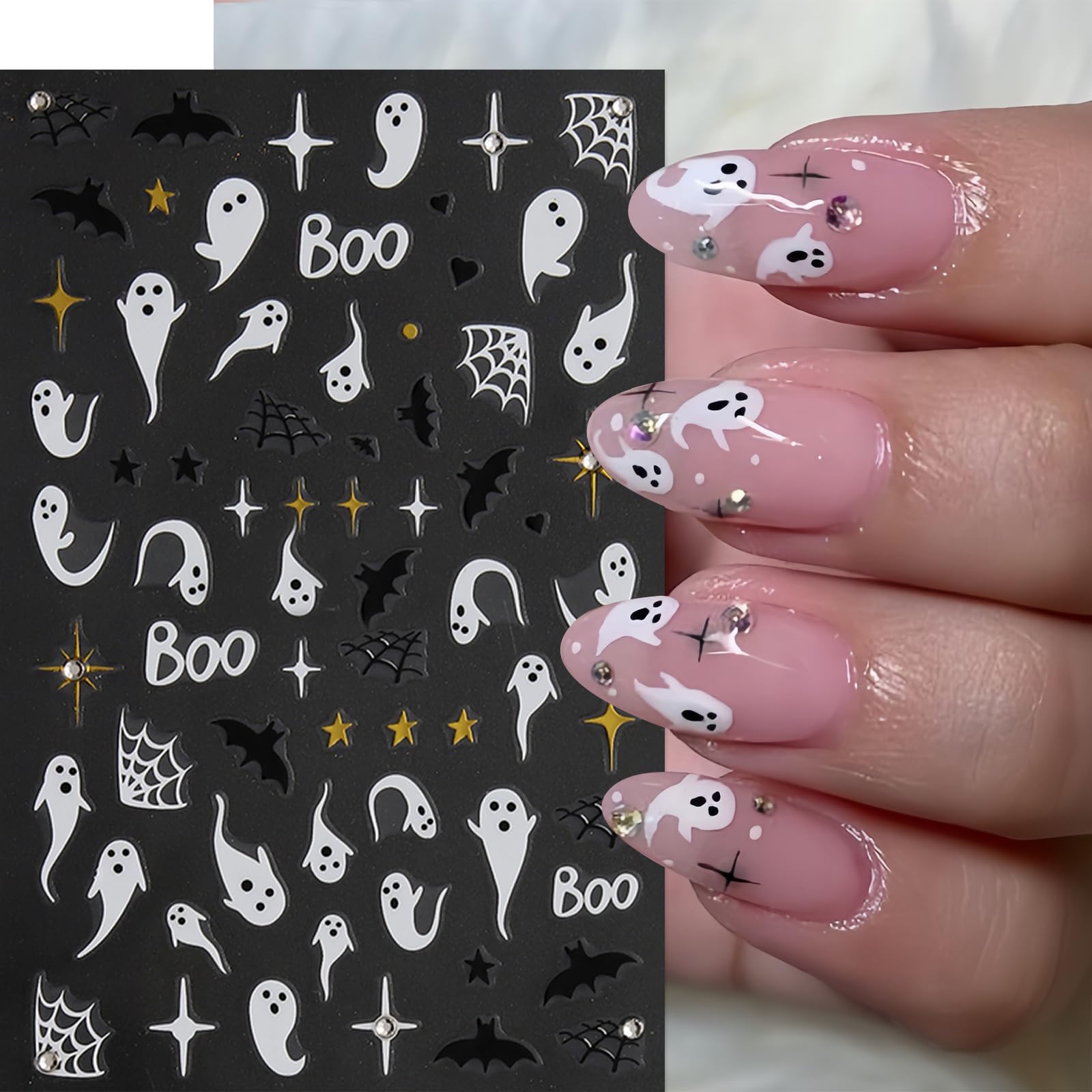 6Pcs Halloween Nail Stickers - 3D Self-Adhesive Ghost & Spider Web Nail Art Decals with Rhinestones | Pink & White Nail Design Supplies for Women | Perfect for Halloween Parties, Costume Nails & Spooky Manicure Decorations