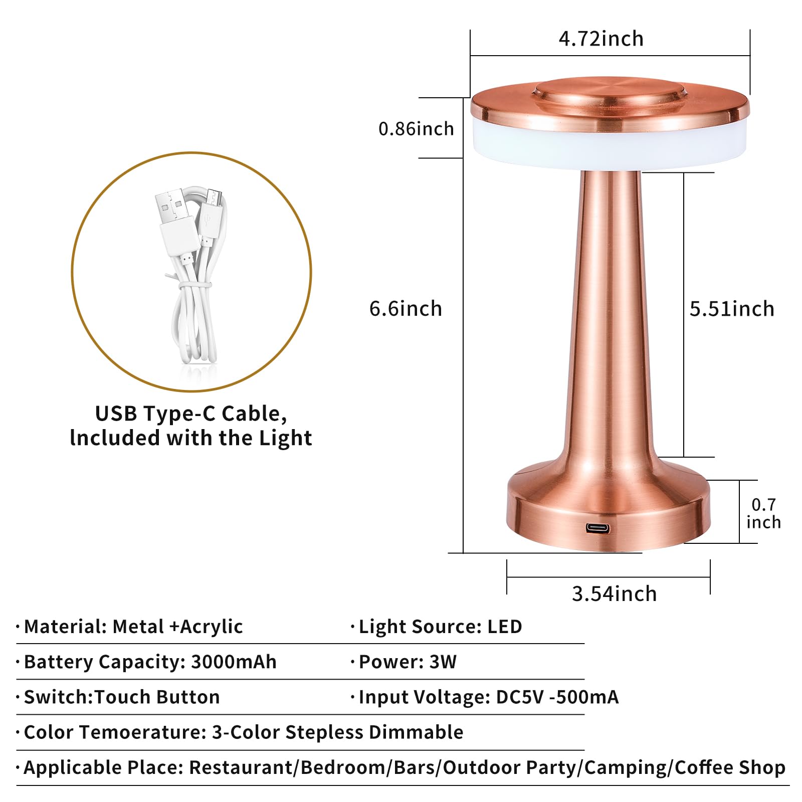 Rechargeable Cordless LED Table Lamp with Touch Sensor - 3-Level Dimmable Battery Operated Night Light for Bedroom, Restaurant, Coffee Shop & Outdoor Use (Gold)