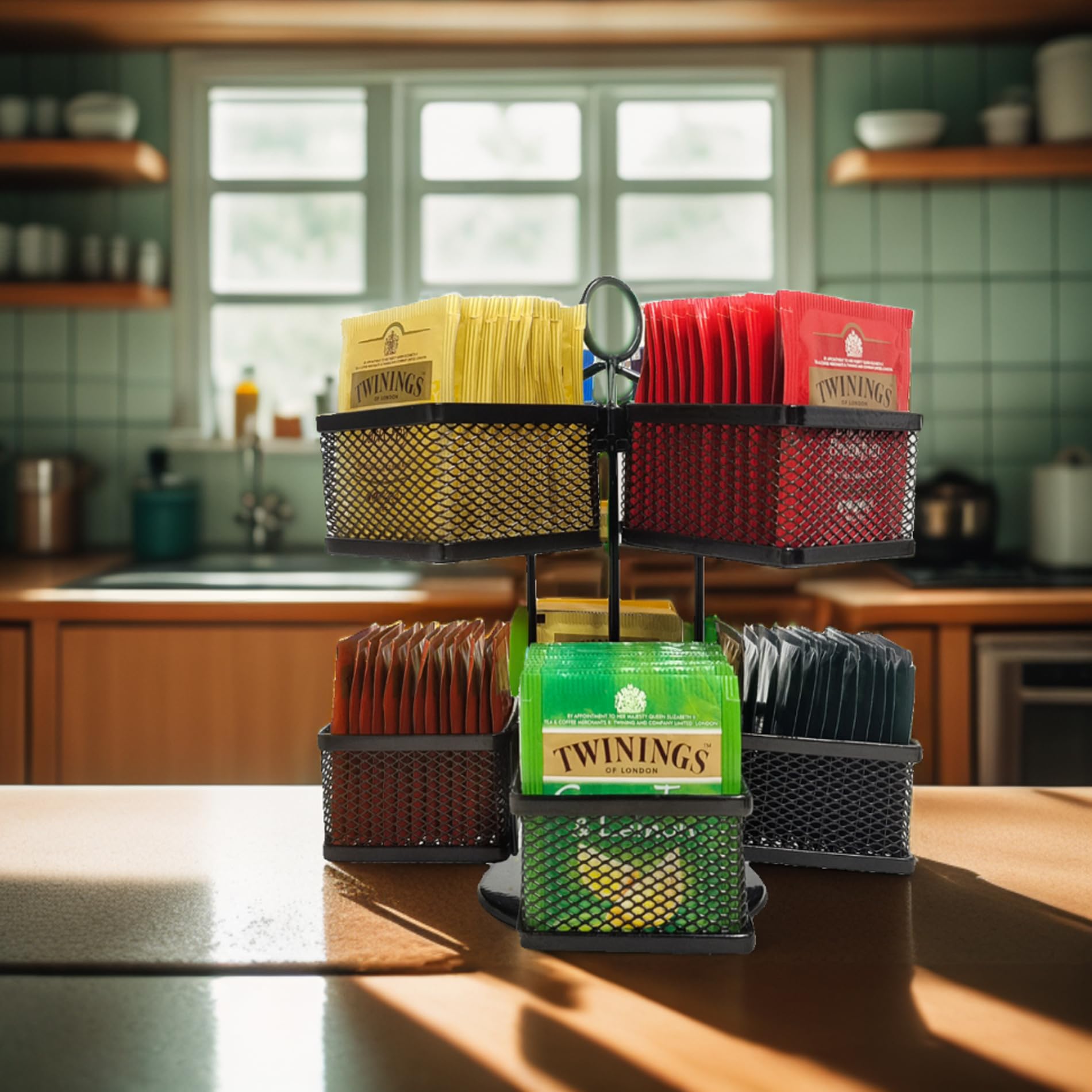 Rotating Tea Bag Organizer & Coffee Pod Holder - Adjustable Spinning Carousel Storage Basket for Kitchen Countertop, Cabinet, Pantry | Perfect for Organizing Tea Bags, K-Cups, and Coffee Pods in Small Spaces