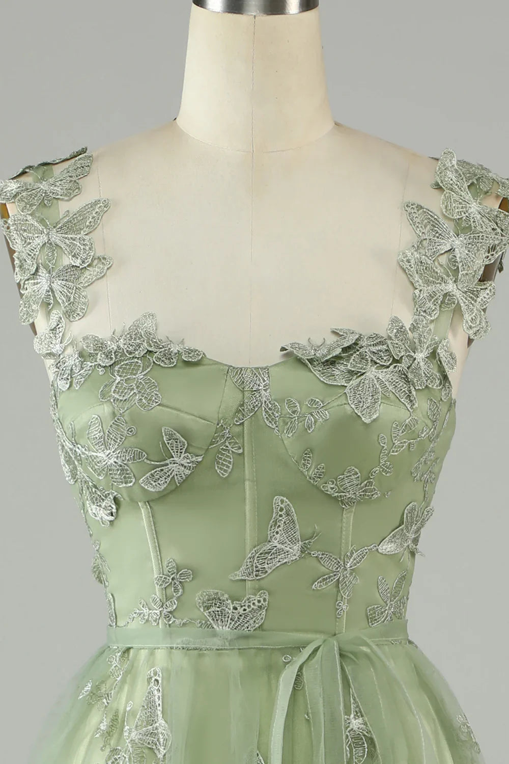 Elegant A-Line Green Corset Long Tulle Prom Dress with 3D Butterflies & Front Slit - Perfect for Formal Dances, Evening Galas and Special Occasions
