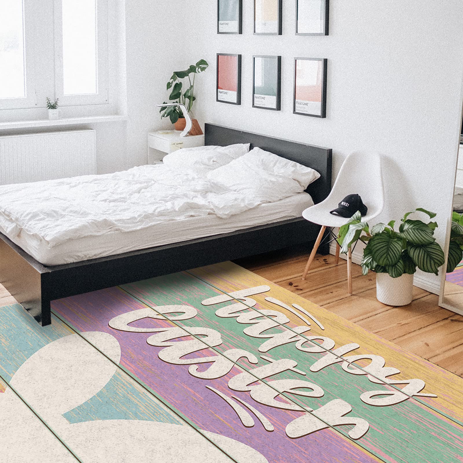 5'x8' Large Rectangle Washable Non-Slip Area Rug - Happy Easter Spring Bunny Colorful Wood Stripes Design for Living Room, Nursery, Bedroom | Luxury Home Decor Floor Mat for Easter Decorations & Daily Comfort