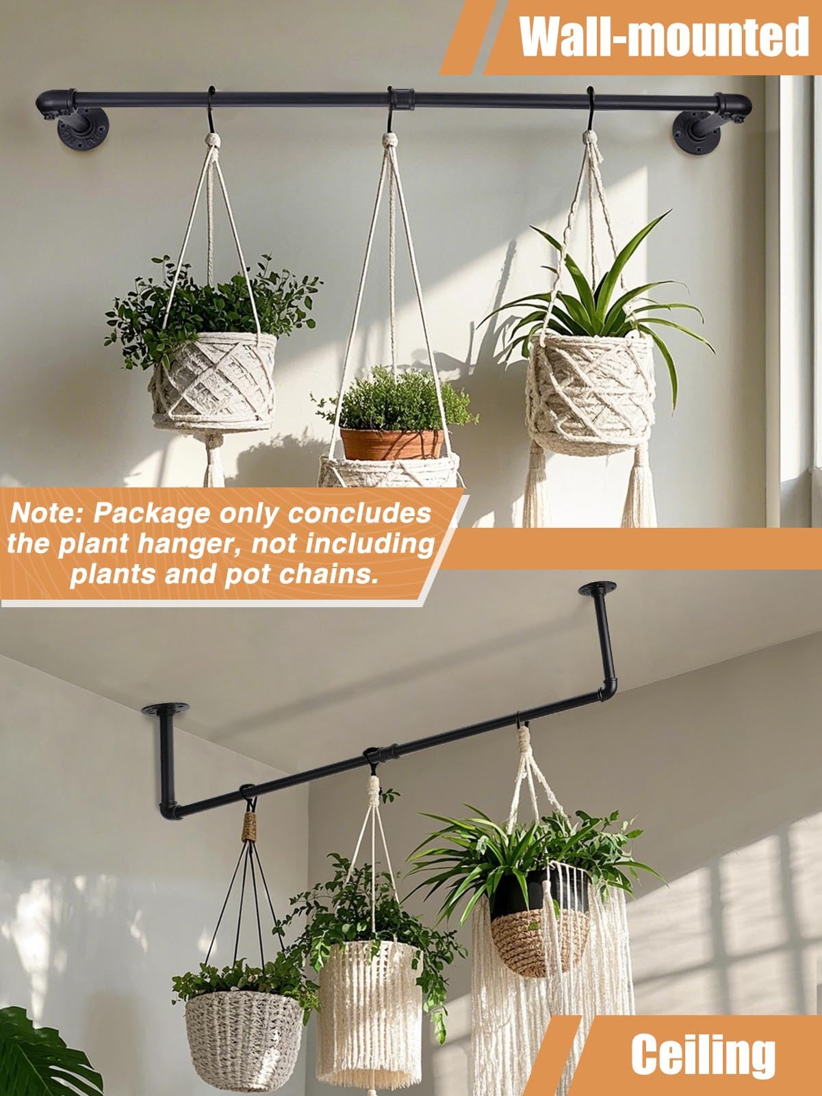 Heavy Duty 34.2 Inch Black Metal Plant Hanger Rod - 44 lb Weight Capacity for Indoor Hanging Plants - Wall & Ceiling Mounted Plant Holder Bar (2 Pack) - Perfect for Living Room, Bedroom, Balcony & Home Decor (Pots & Plants Not Included)