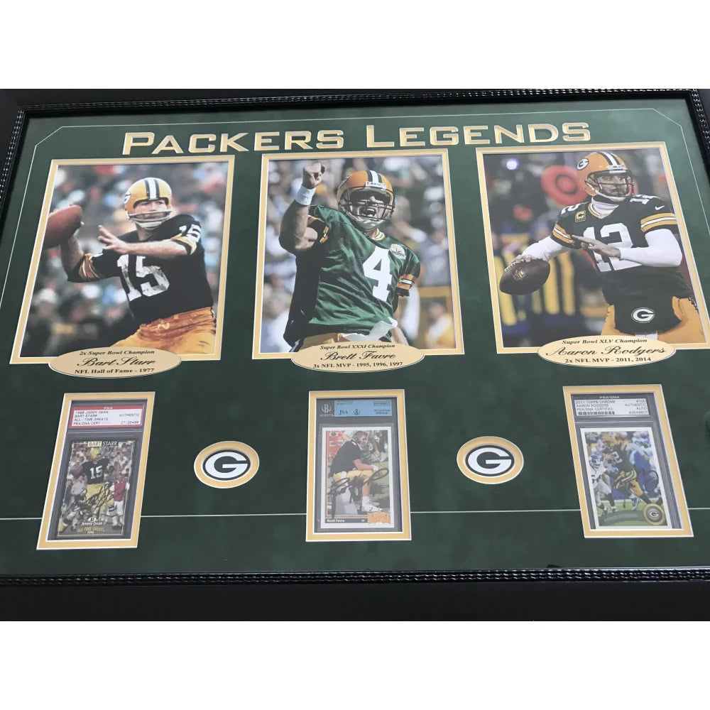 Favre Starr Rodgers Signed Packers 8x10 Photo Card Collage - JSA BGS PSA Certified Rookie Memorabilia - Perfect for NFL Collectors, Man Cave Decor, and Sports Fan Gifts