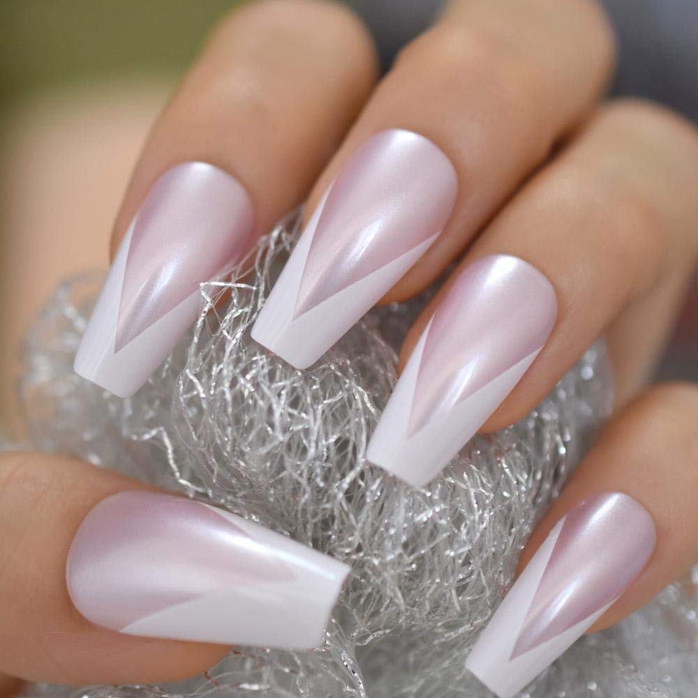 HUJL False Nails - Shiny French Pink Pearl Press On Fake Nails, Long Ballerina & Coffin Shape Nail Covers with Extension Tool | Perfect for Parties, Weddings & Special Occasions