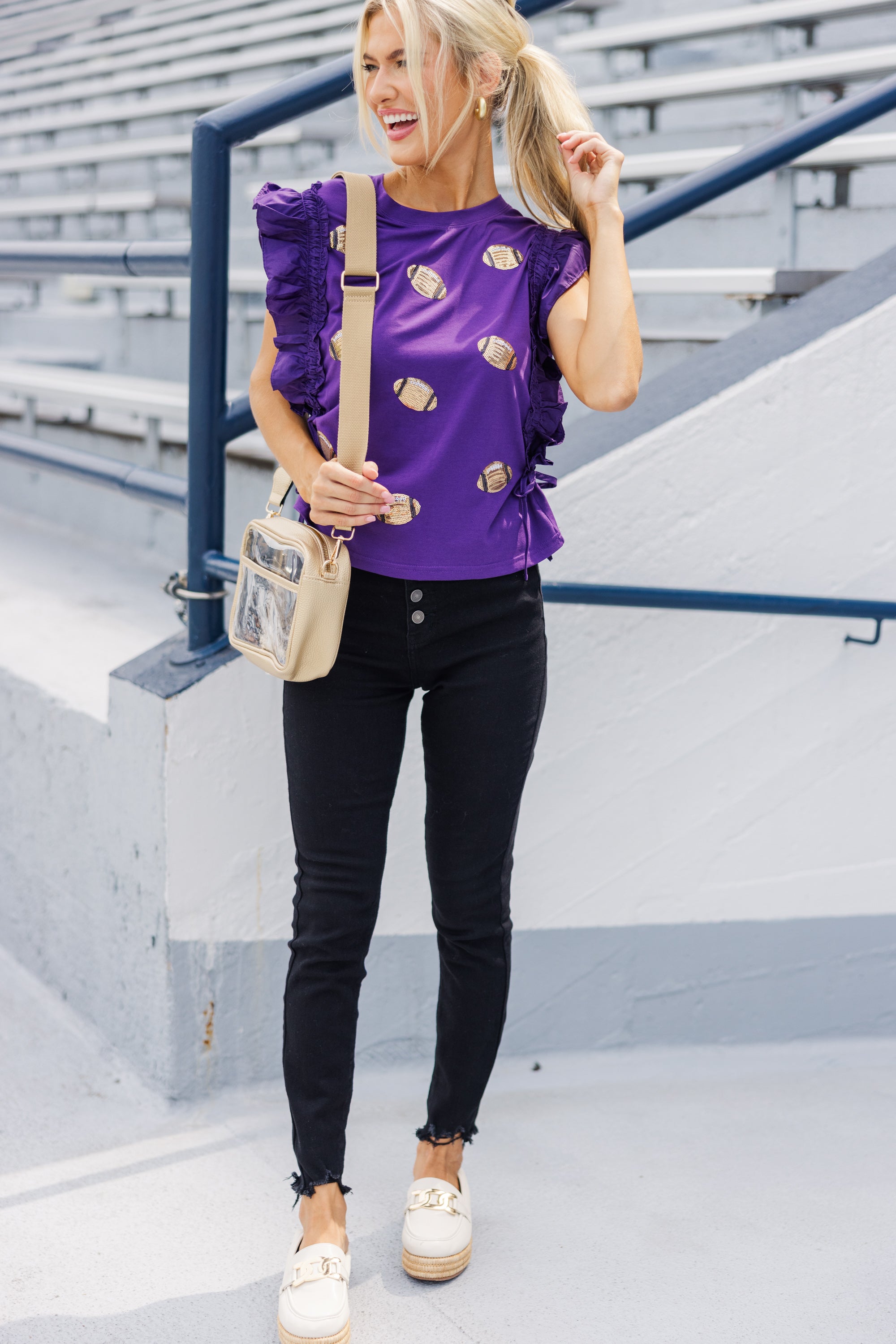 Cheer You On Purple & Gold Sequin Football Blouse - Glittery Game Day Top for Women's Sports Events & Team Spirit Outfits