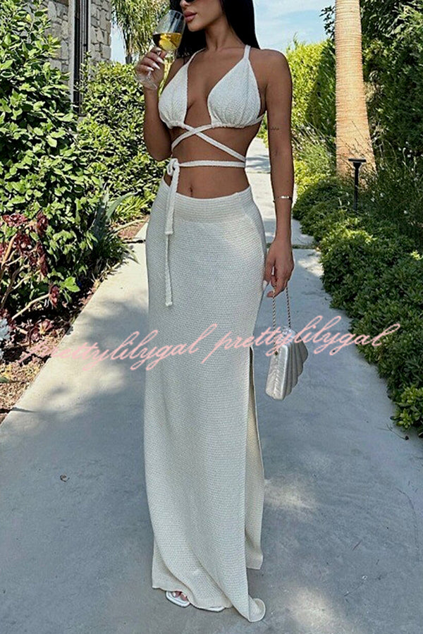 Sexy Solid Color Lace-Up Swimsuit & Knitted Elastic Slit Maxi Skirt Set - Perfect for Beach Vacations, Pool Parties, and Summer Getaways