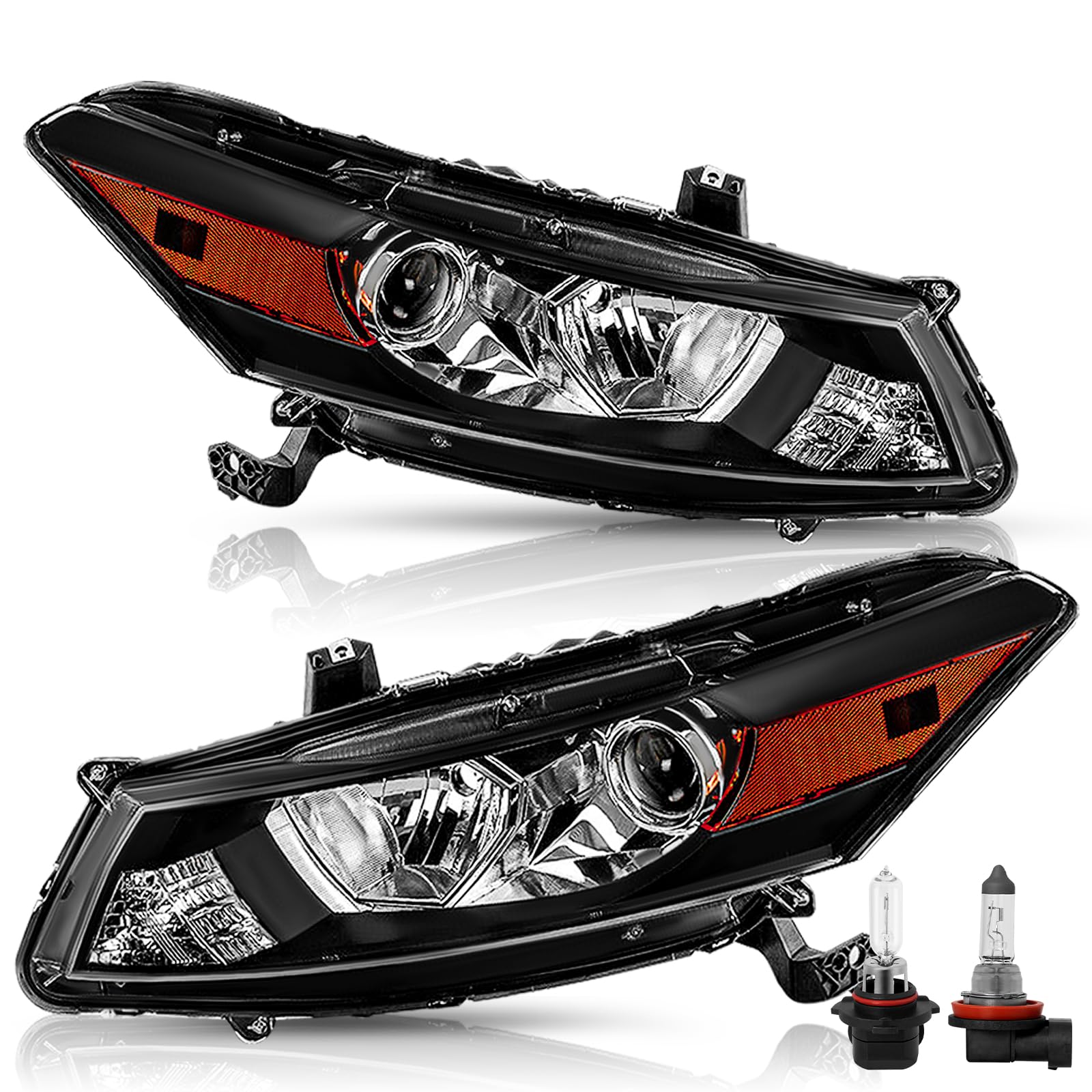 Honda Accord 2008-2012 Coupe Headlight Assembly Pair with Bulbs - OEM Style Projector Headlamps (Black Housing & Amber Reflector) - Perfect for Night Driving & Car Upgrades