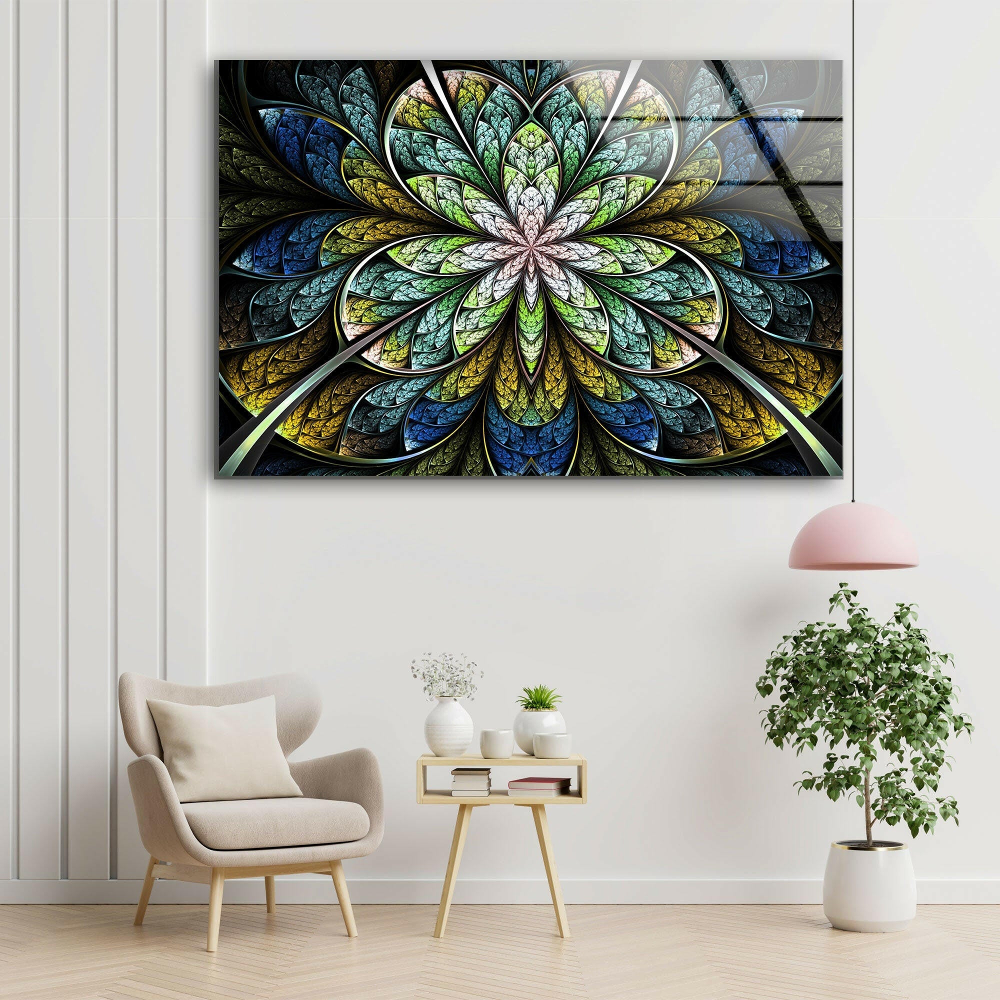 Blue Fractal Flower Glass Wall Art - Handmade Modern Home Decor for Living Room, Bedroom & Office - Elegant Glass Mosaic Wall Hanging for Unique Interior Design