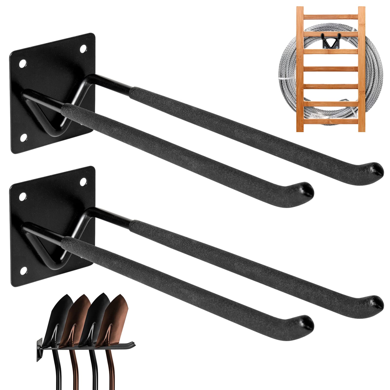 2Pcs Heavy Duty Wall Mount Shovel Holder & Garden Tool Organizer - Ladder Hangers, Rake Racks, Utility Hooks for Garage, Yard Tools, Chairs, Bikes - Perfect for Garage Storage & Outdoor Organization