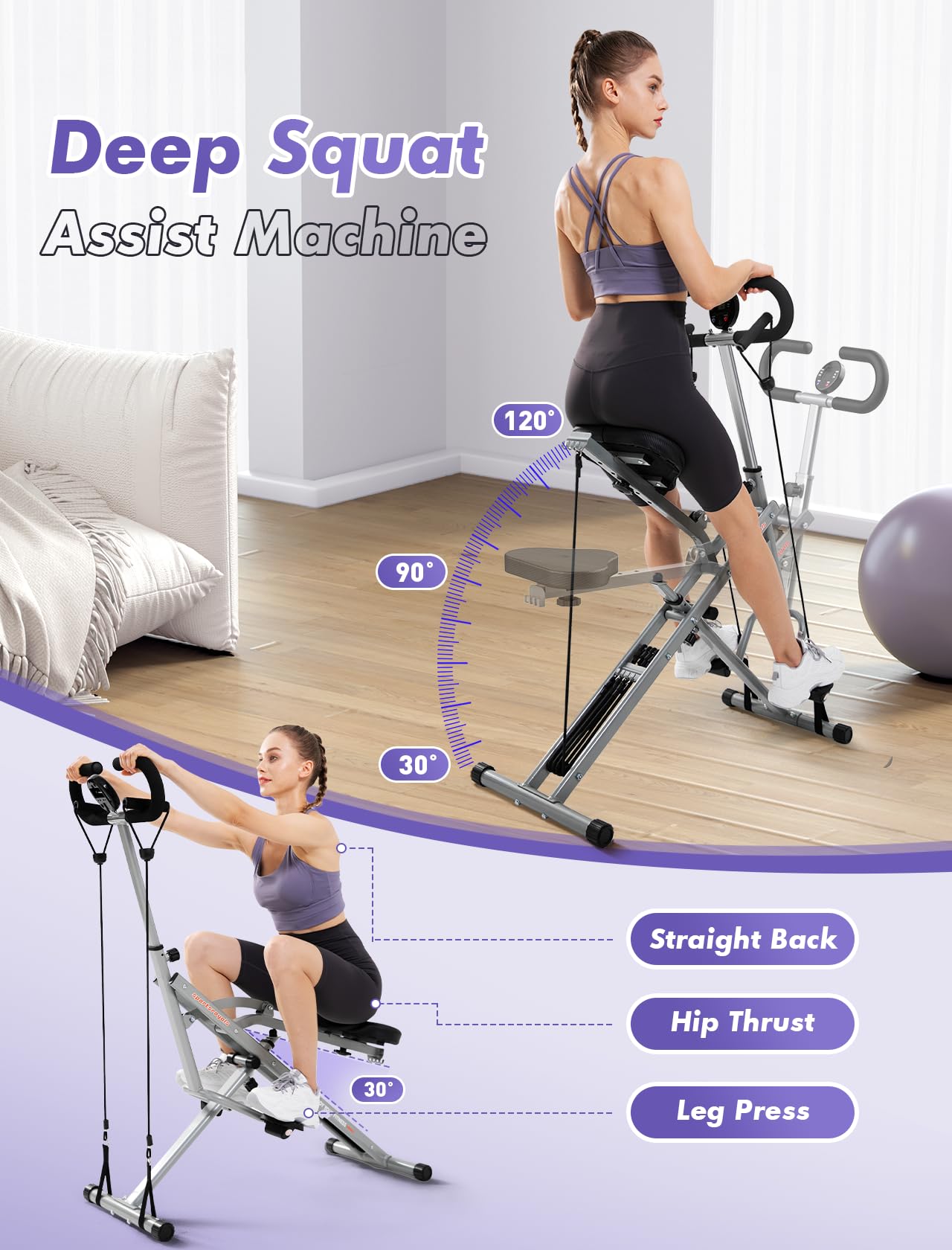 Sportsroyals Foldable Squat Machine for Home Gym - 330lbs Capacity, Adjustable 4 Resistance Bands, Rodeo Core Trainer for Glutes, Thighs & Abs - Perfect for Strength Training, Butt Lifting & Full Body Workout at Home