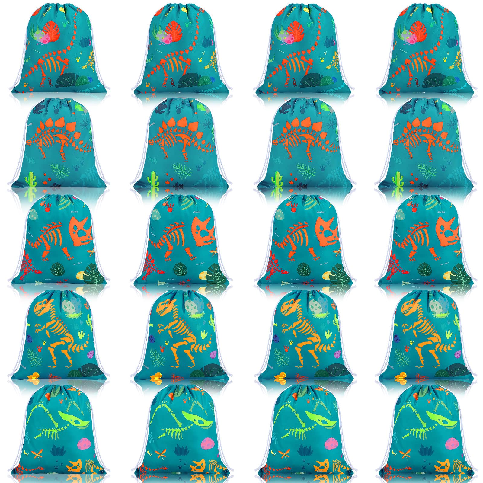 Dinosaur Party Favor Bags - 20 Pack Drawstring Gift Bags for Candy & Treats | 5 Adorable Dino Styles | Perfect for Kids Birthday Parties, Baby Showers & Themed Events